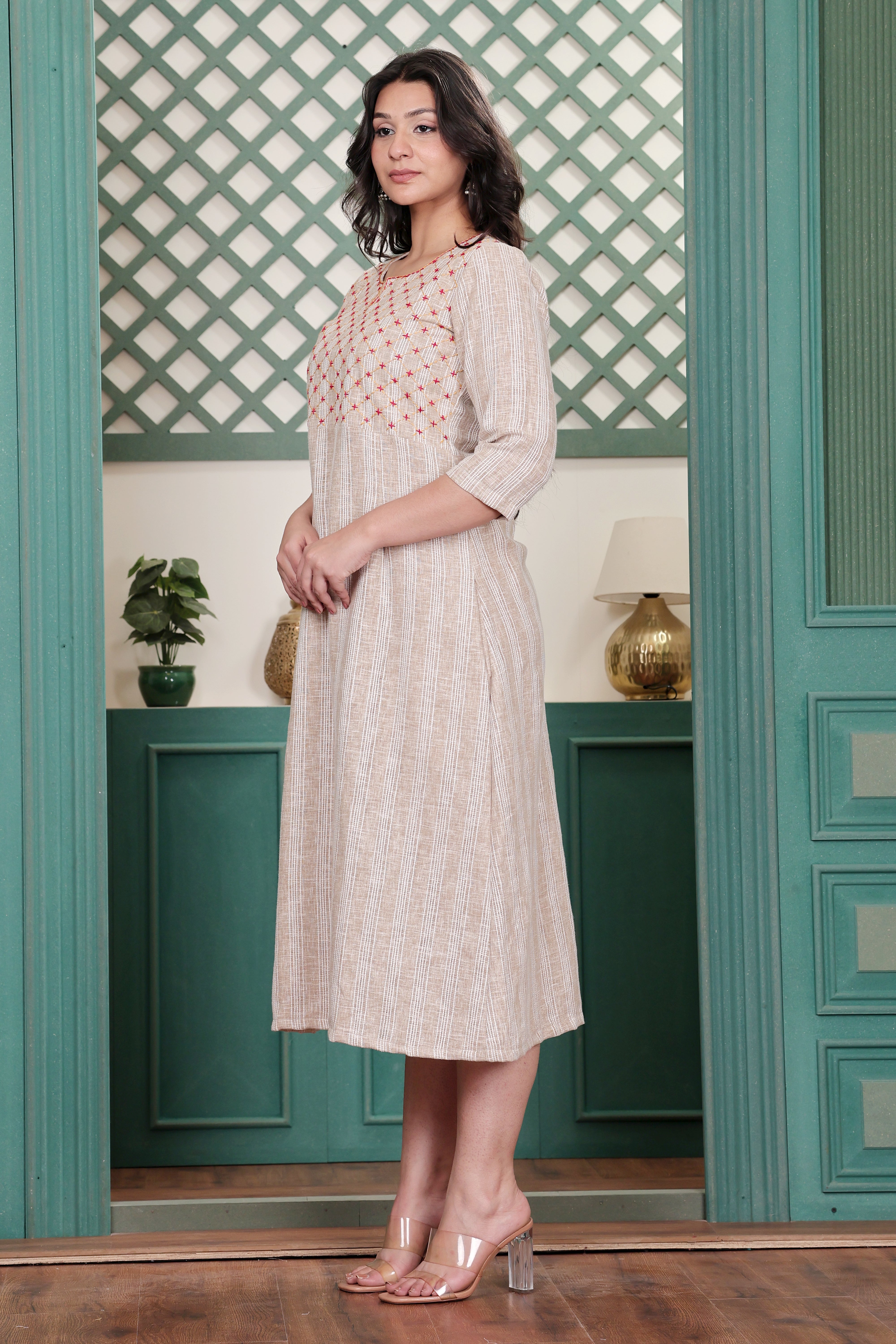 Beige Linen Blend Long Dress with Hand Embroidered Yoke