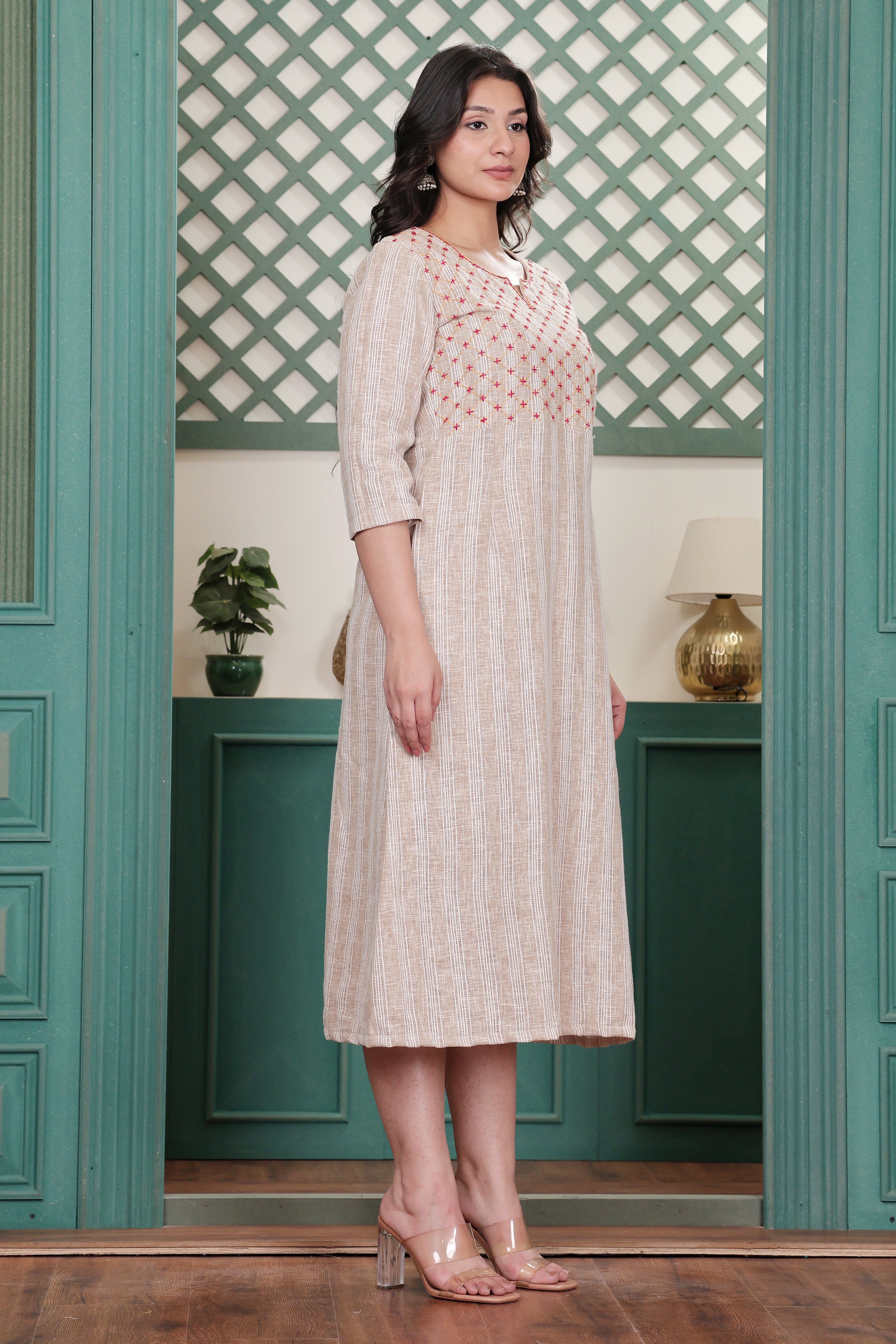 Beige Linen Blend Long Dress with Hand Embroidered Yoke