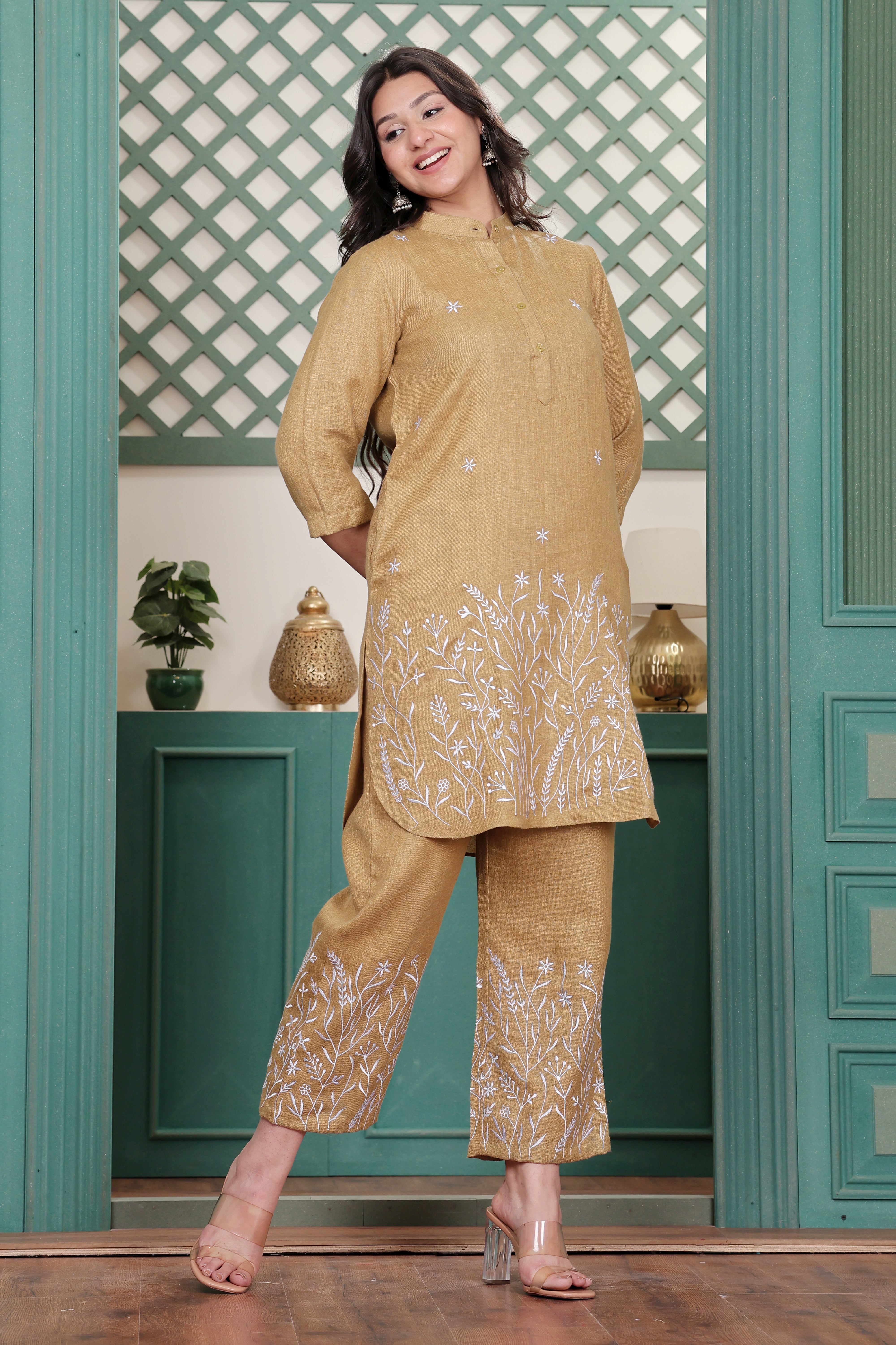 Mustard Linen Blend Co-ord Set with Floral Motif Embroidery