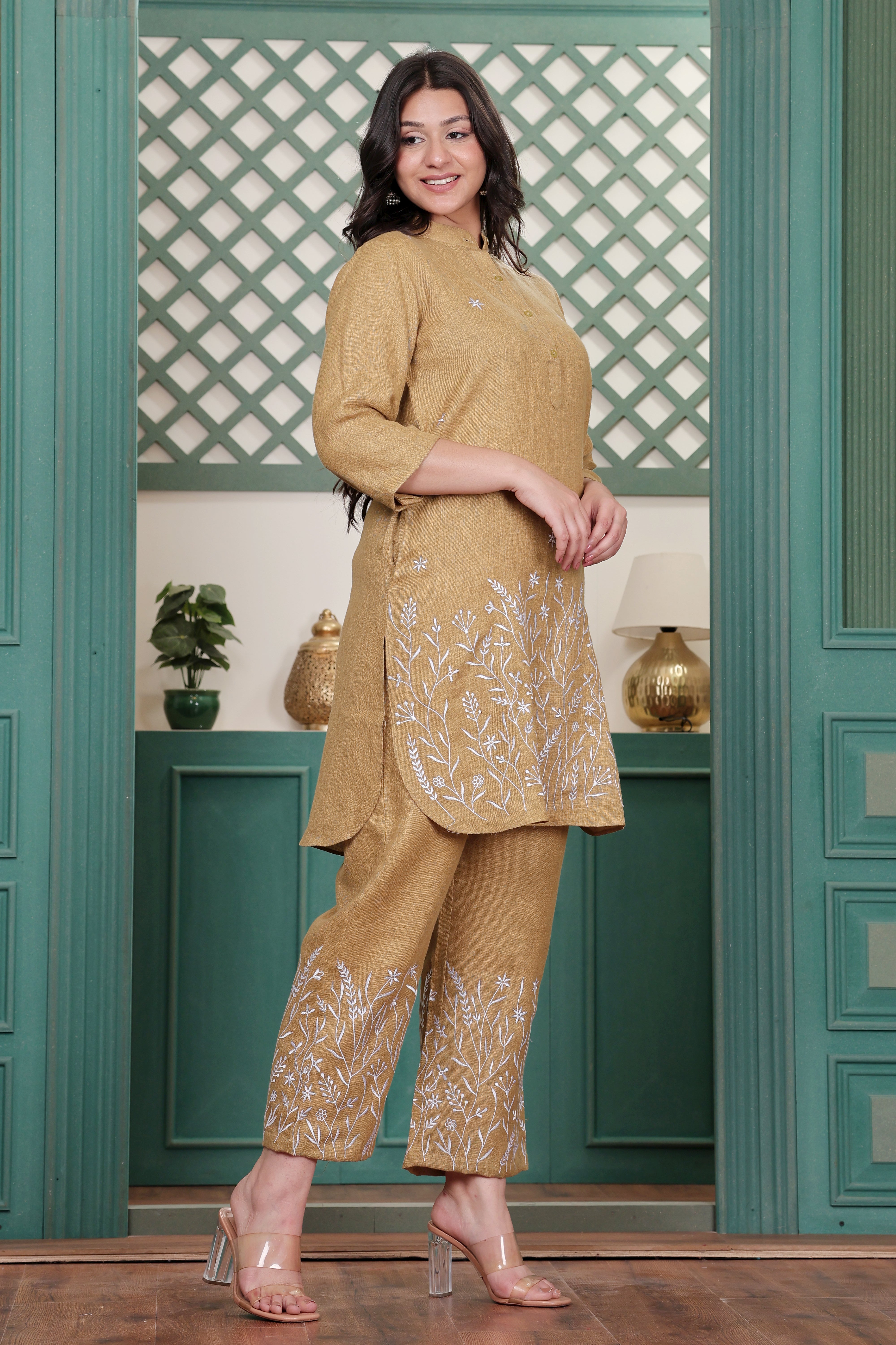 Mustard Linen Blend Co-ord Set with Floral Motif Embroidery