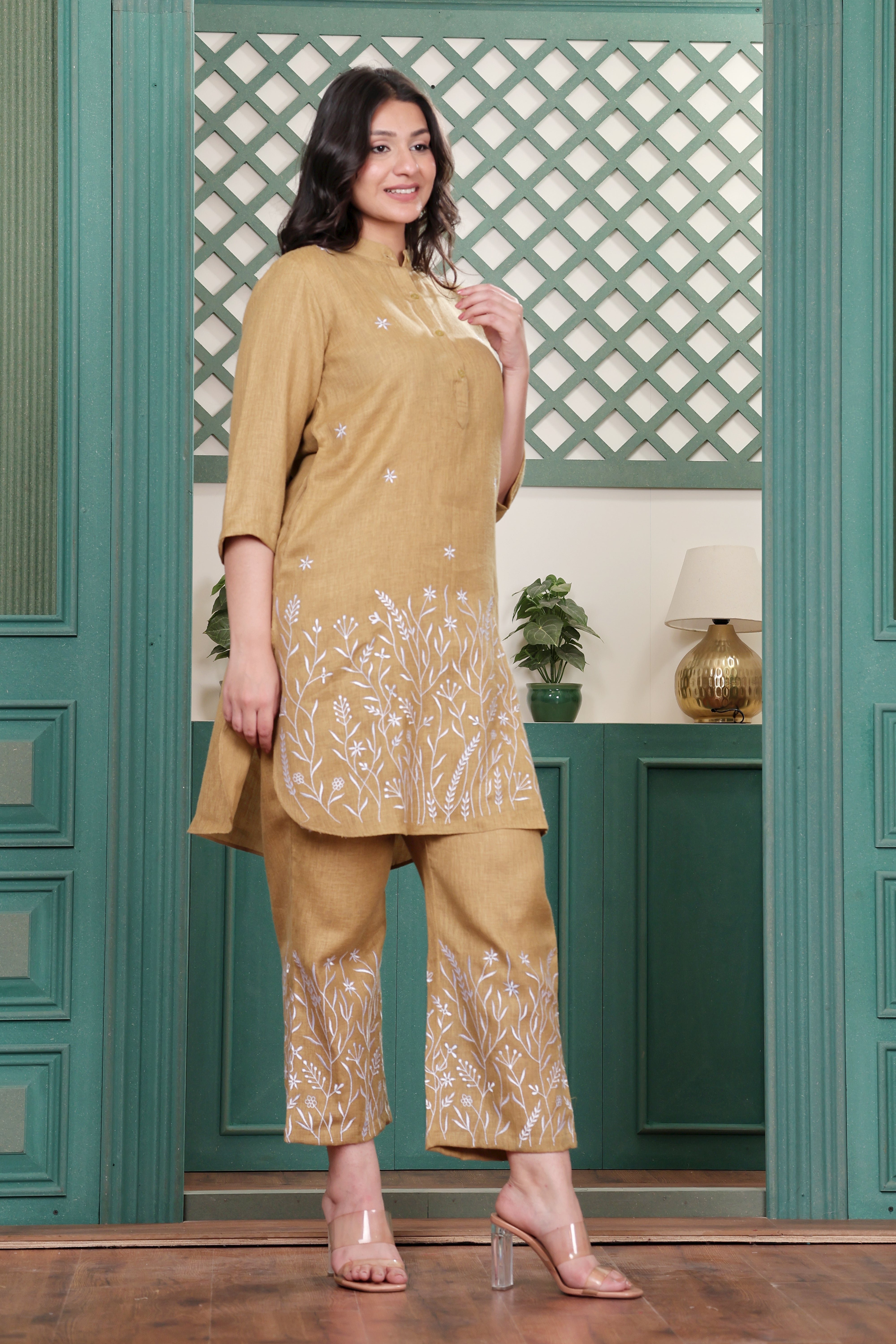 Mustard Linen Blend Co-ord Set with Floral Motif Embroidery