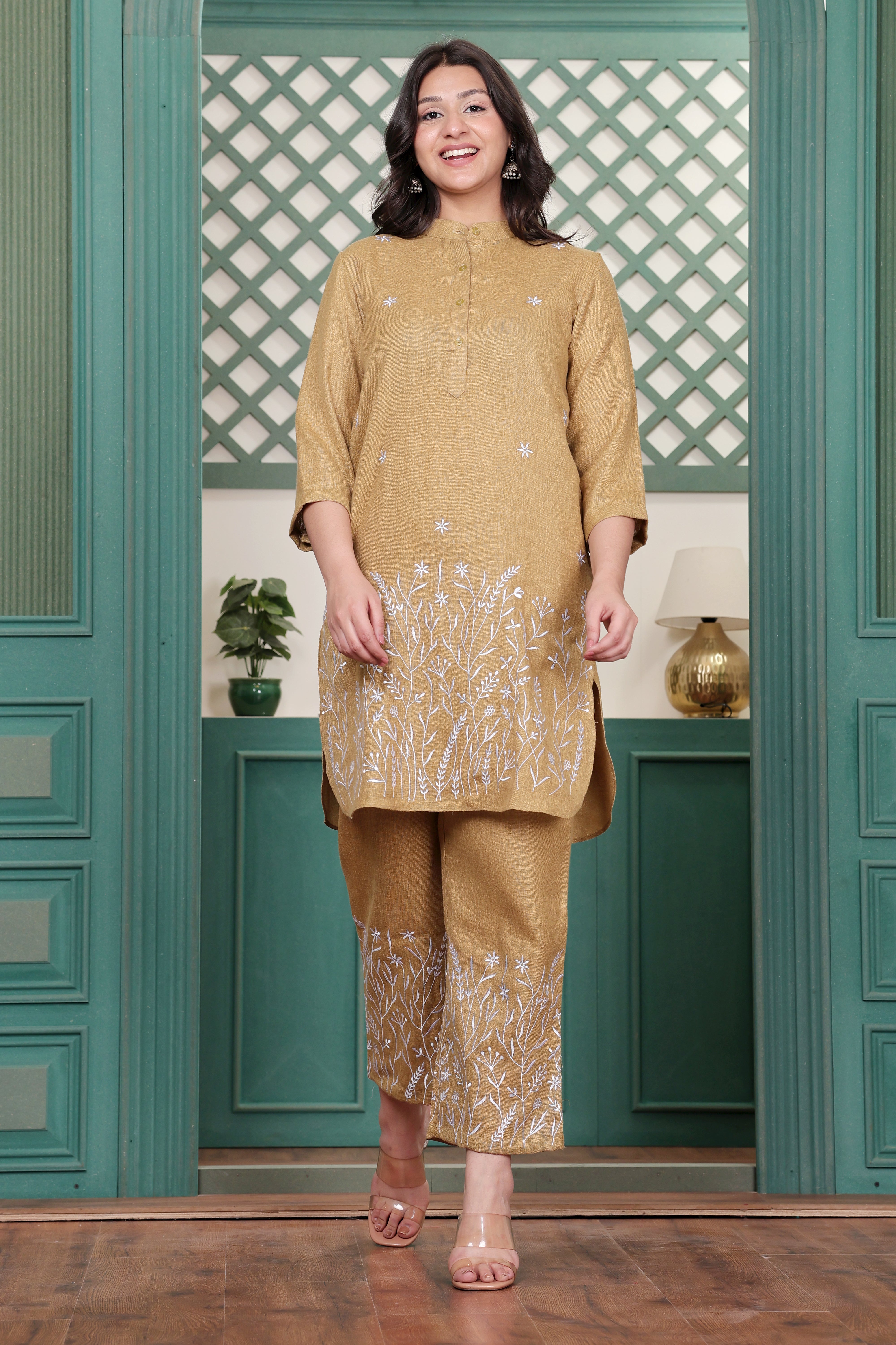 Mustard Linen Blend Co-ord Set with Floral Motif Embroidery