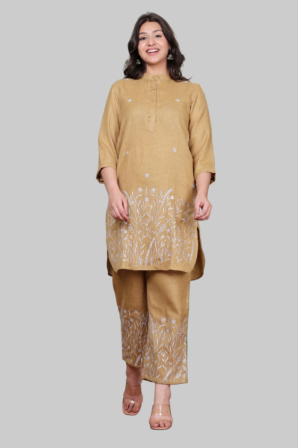Mustard Linen Blend Co-ord Set with Floral Motif Embroidery