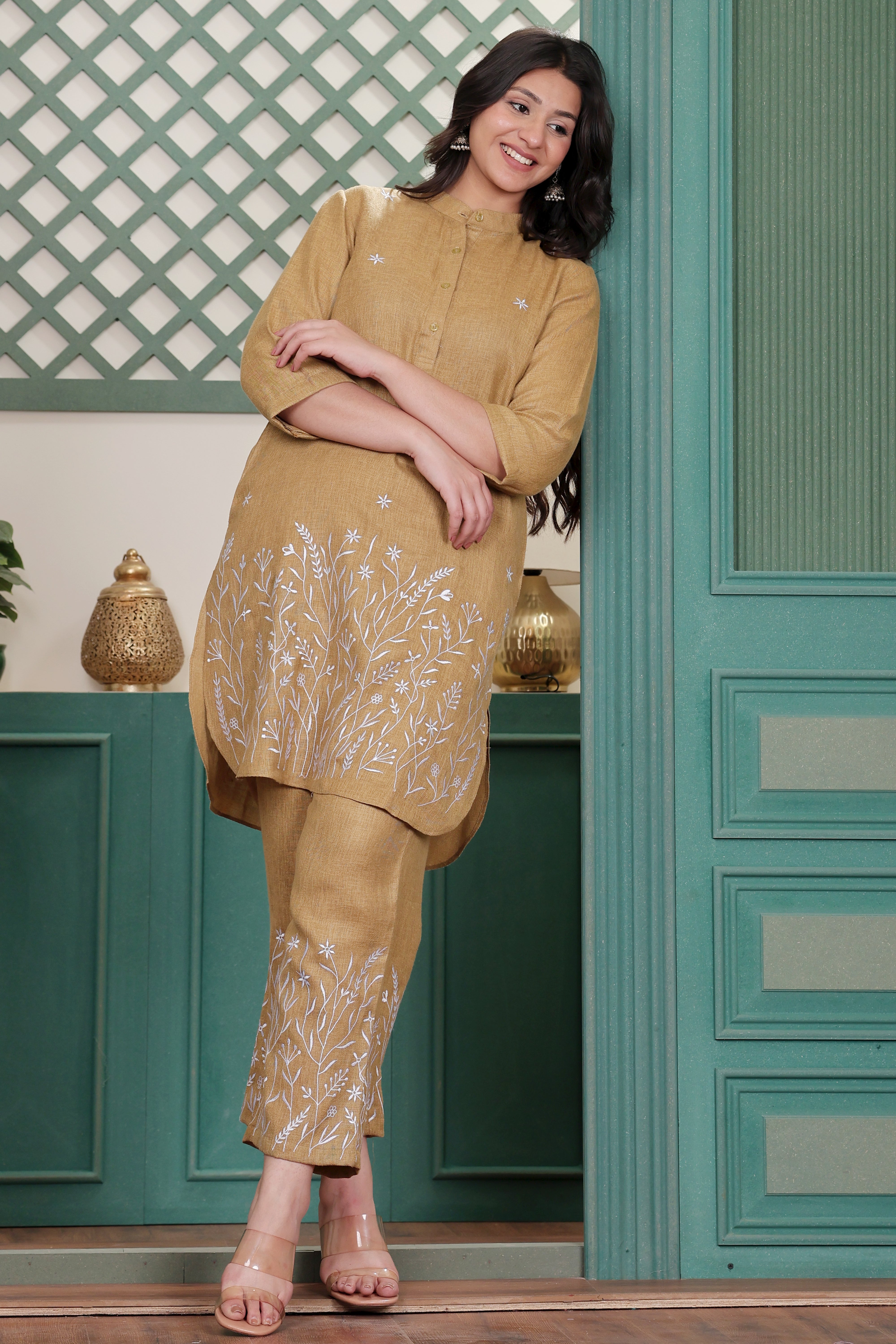Mustard Linen Blend Co-ord Set with Floral Motif Embroidery