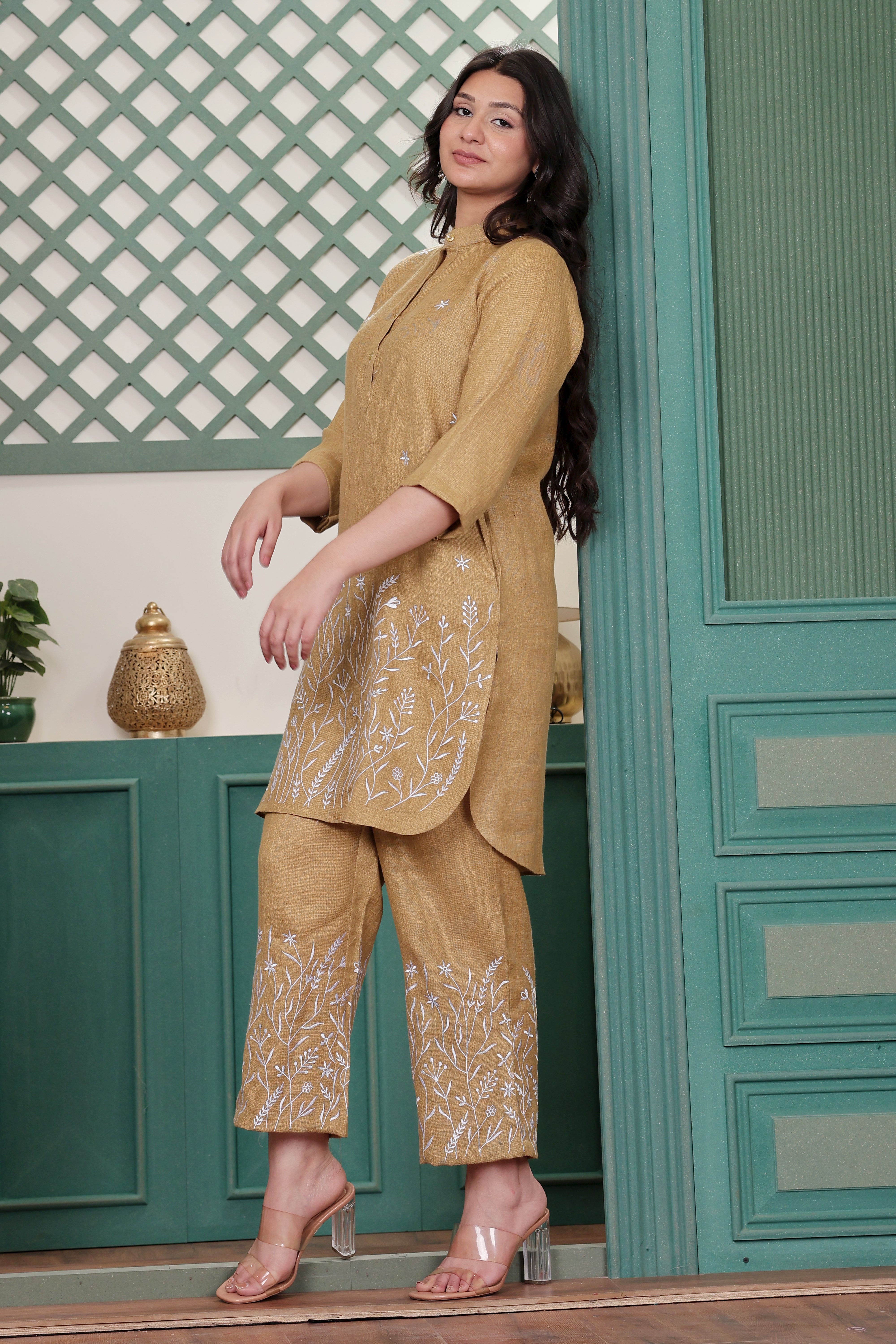 Mustard Linen Blend Co-ord Set with Floral Motif Embroidery