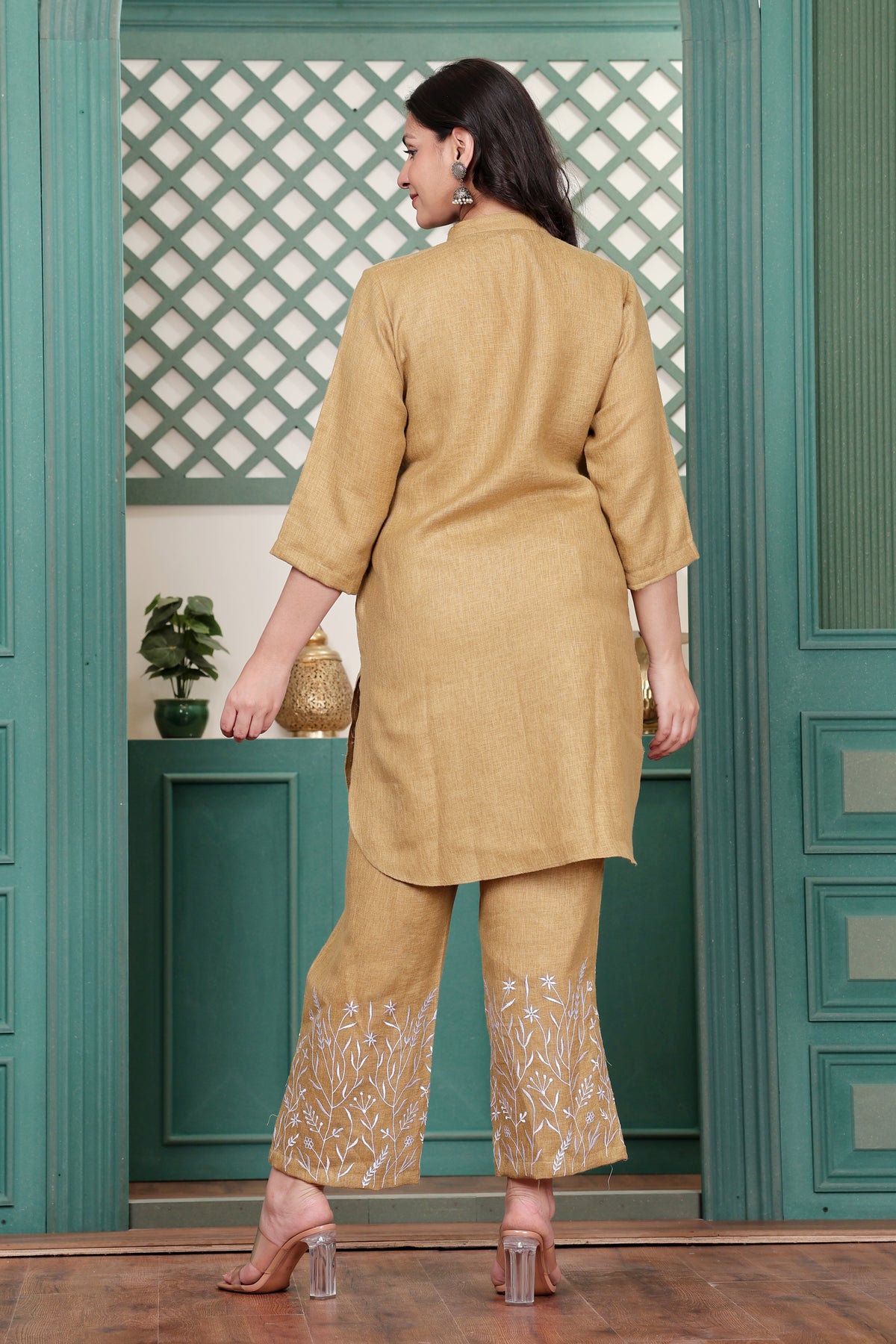 Mustard Linen Blend Co-ord Set with Floral Motif Embroidery