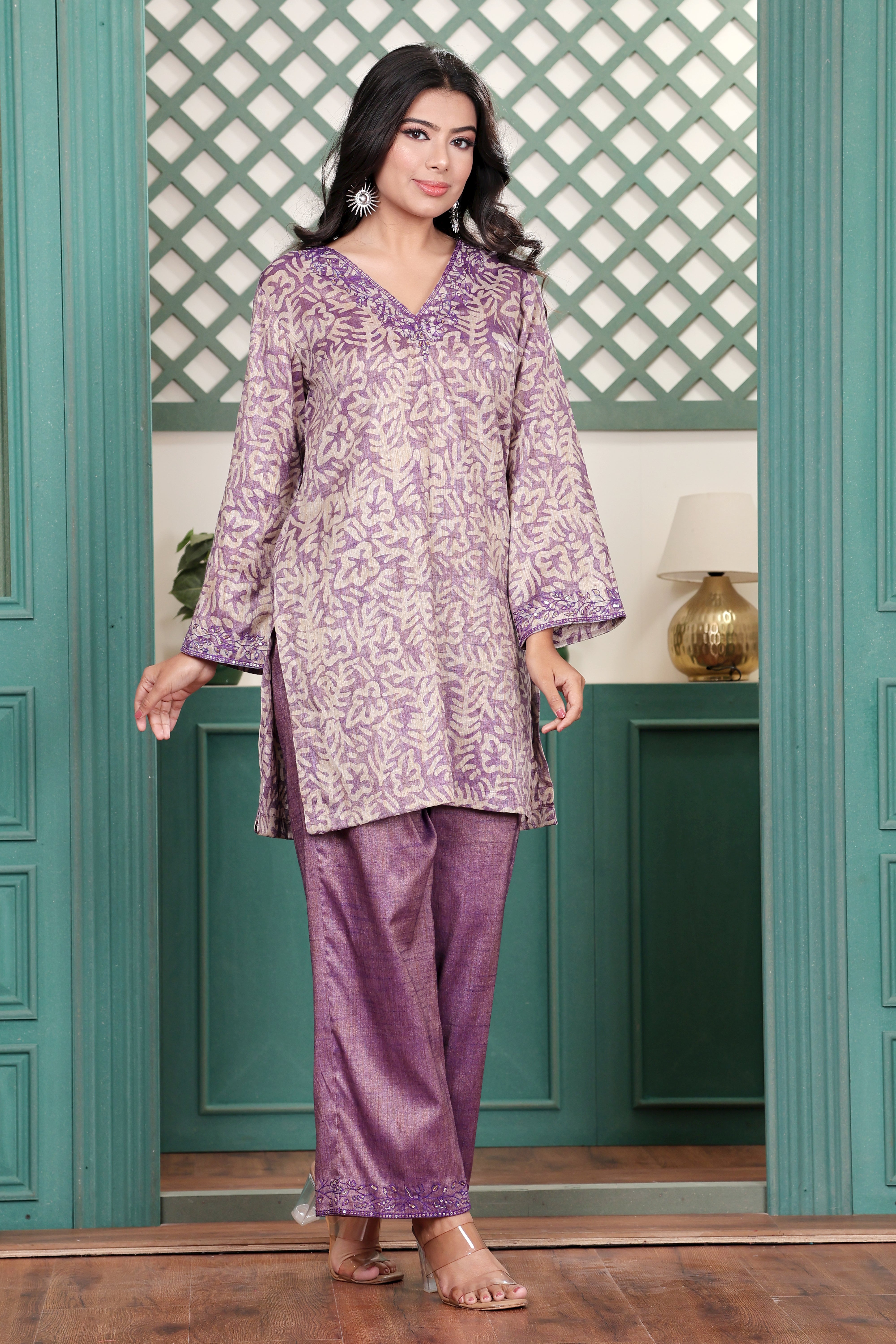 Purple Handloom Kurta Set with Hand Embroidery