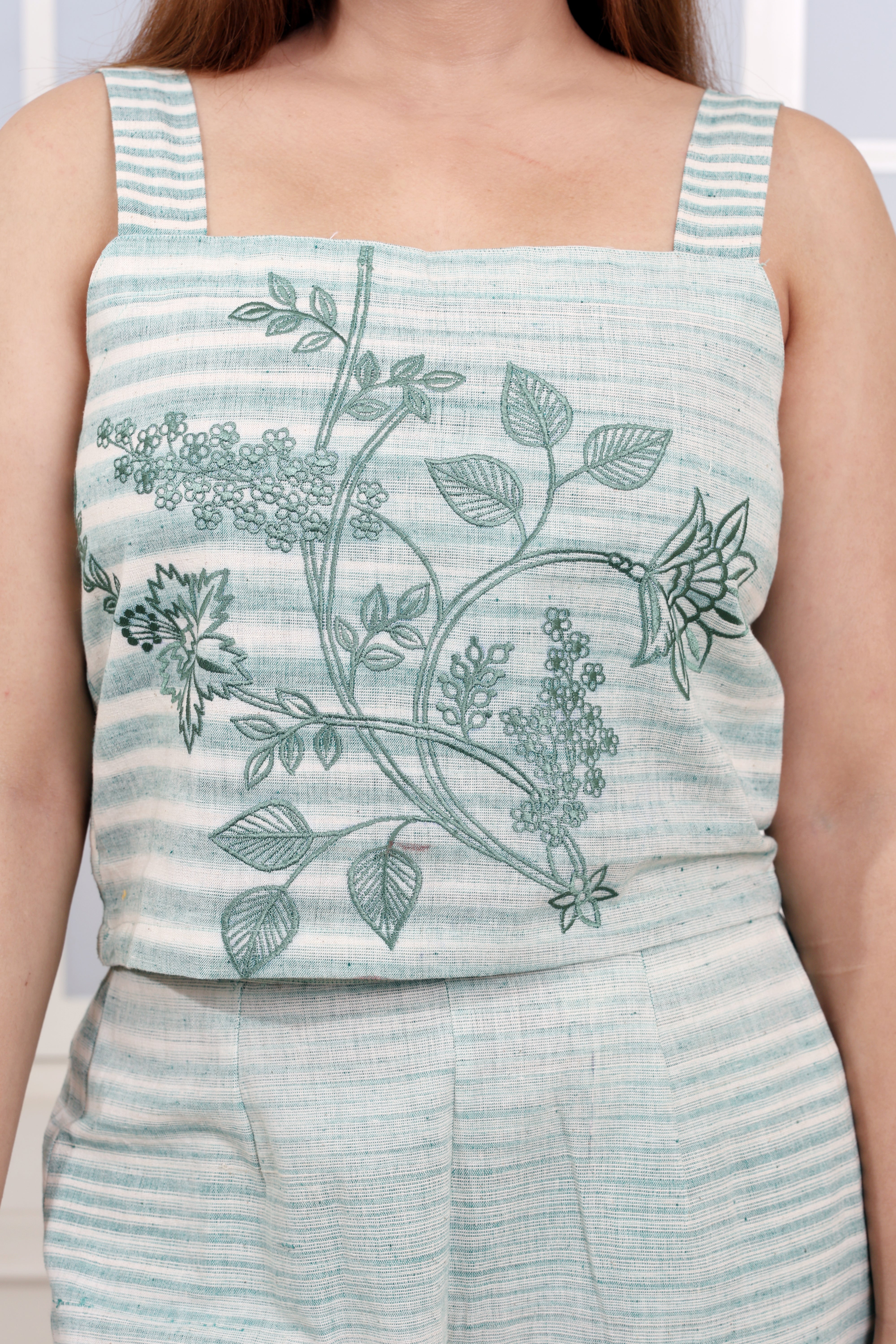 Sage Green Khadi Co-ord Set with Embroidery and Spaghetti Top