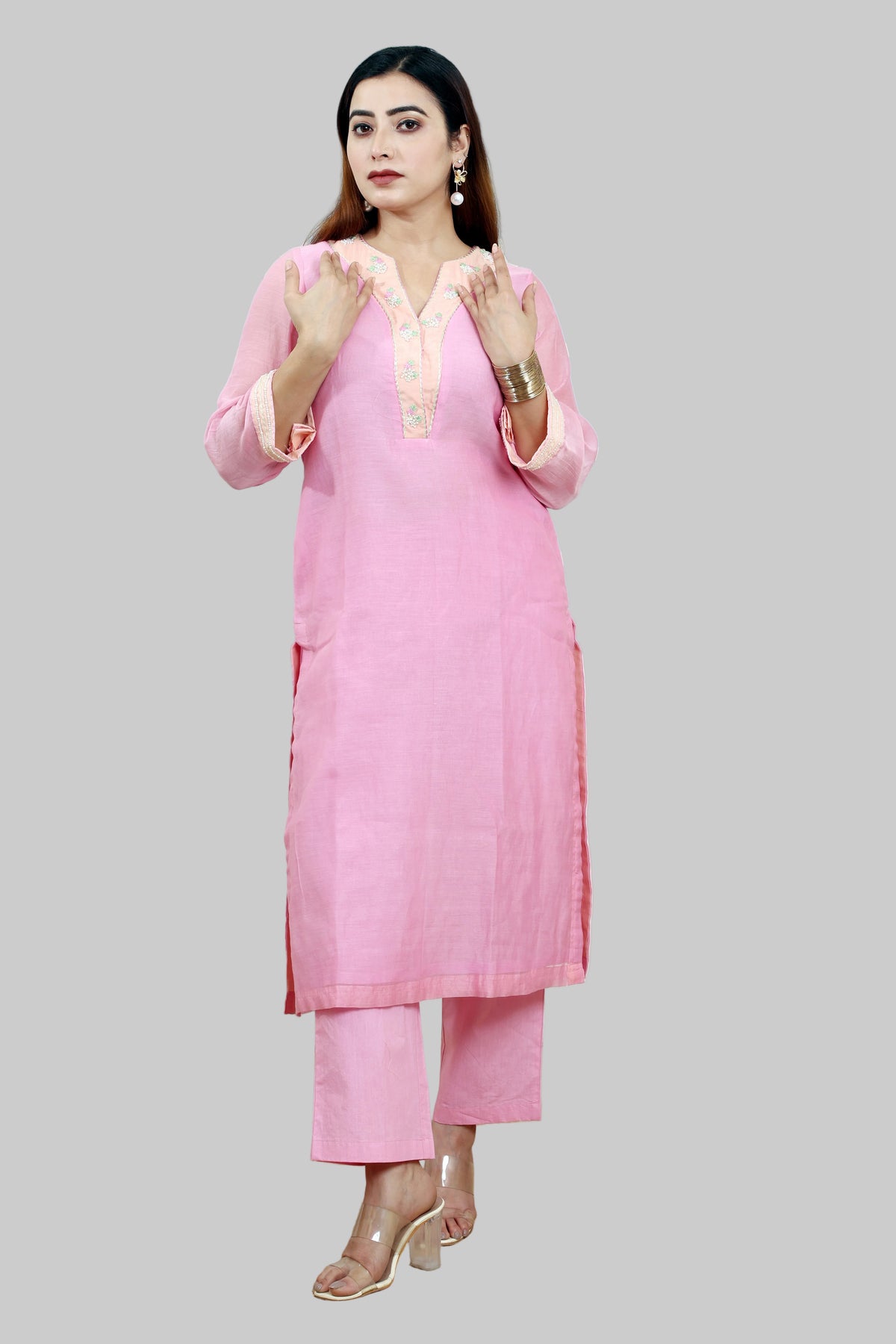 Pink Mul Chanderi Kurta Set with Poplin Pants and Hand Embroidery