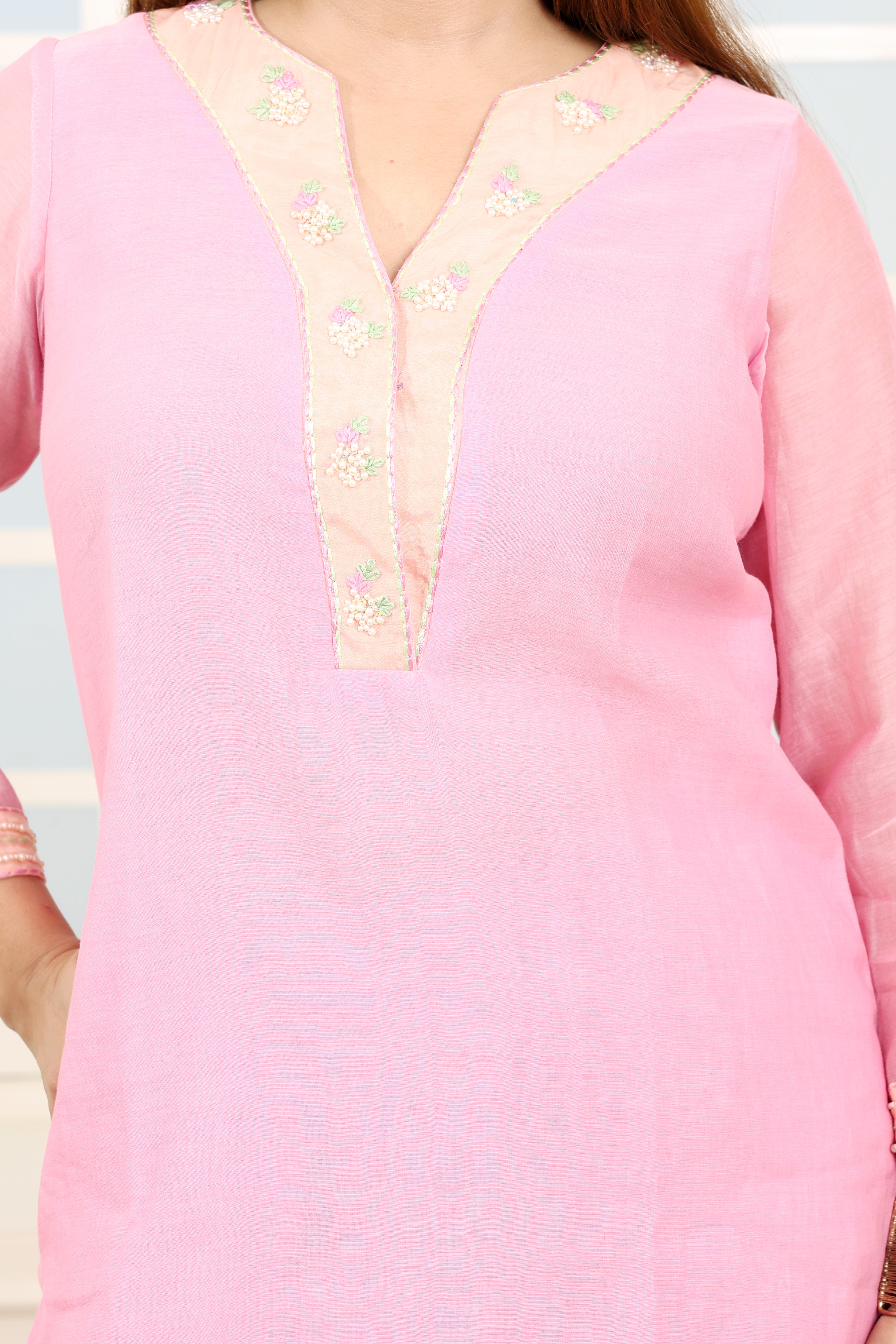 Pink Mul Chanderi Kurta Set with Poplin Pants and Hand Embroidery