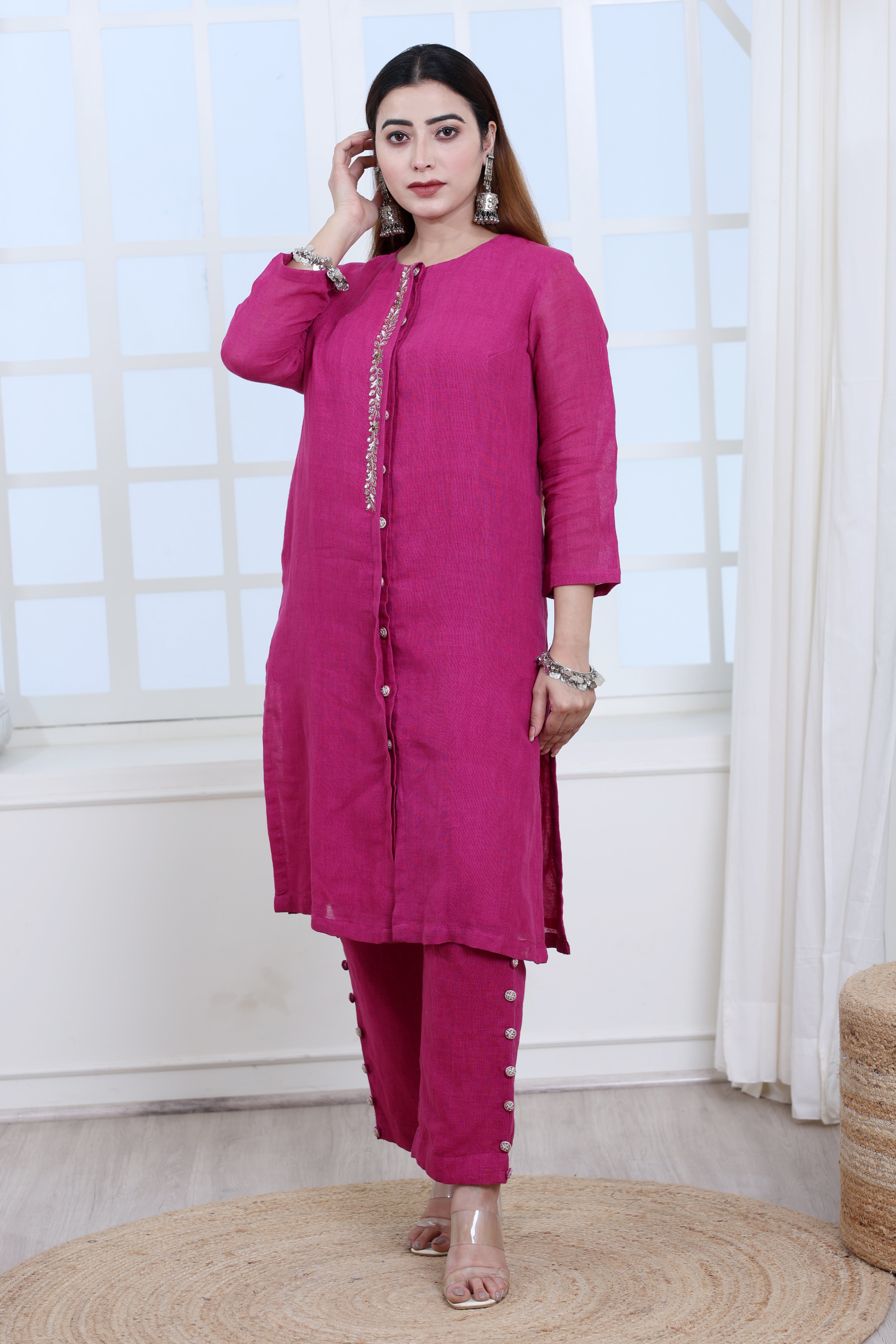 Deep Purple Linen Kurta  Set/Co-ord Set with Hand Embroidery