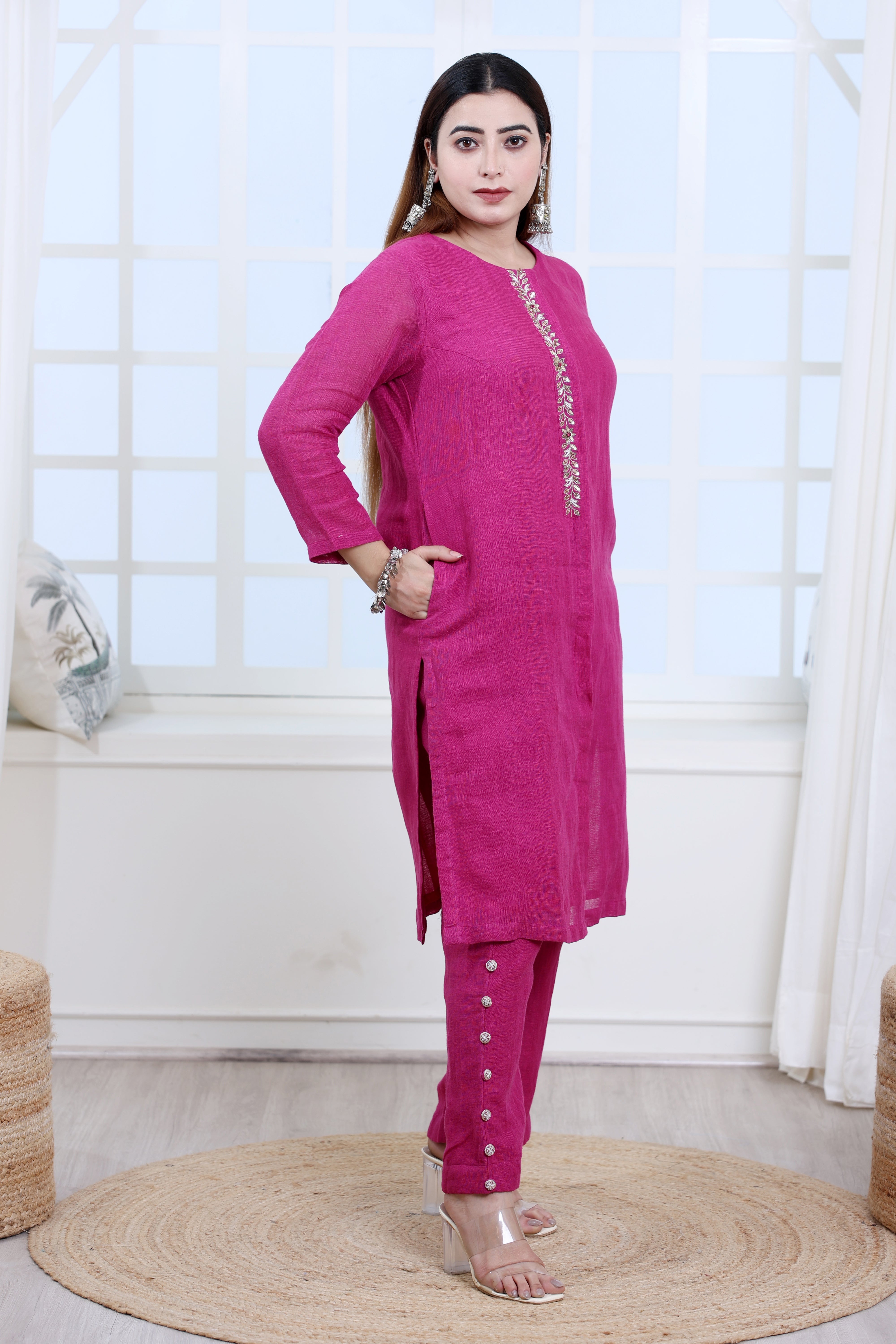 Deep Purple Linen Kurta  Set/Co-ord Set with Hand Embroidery