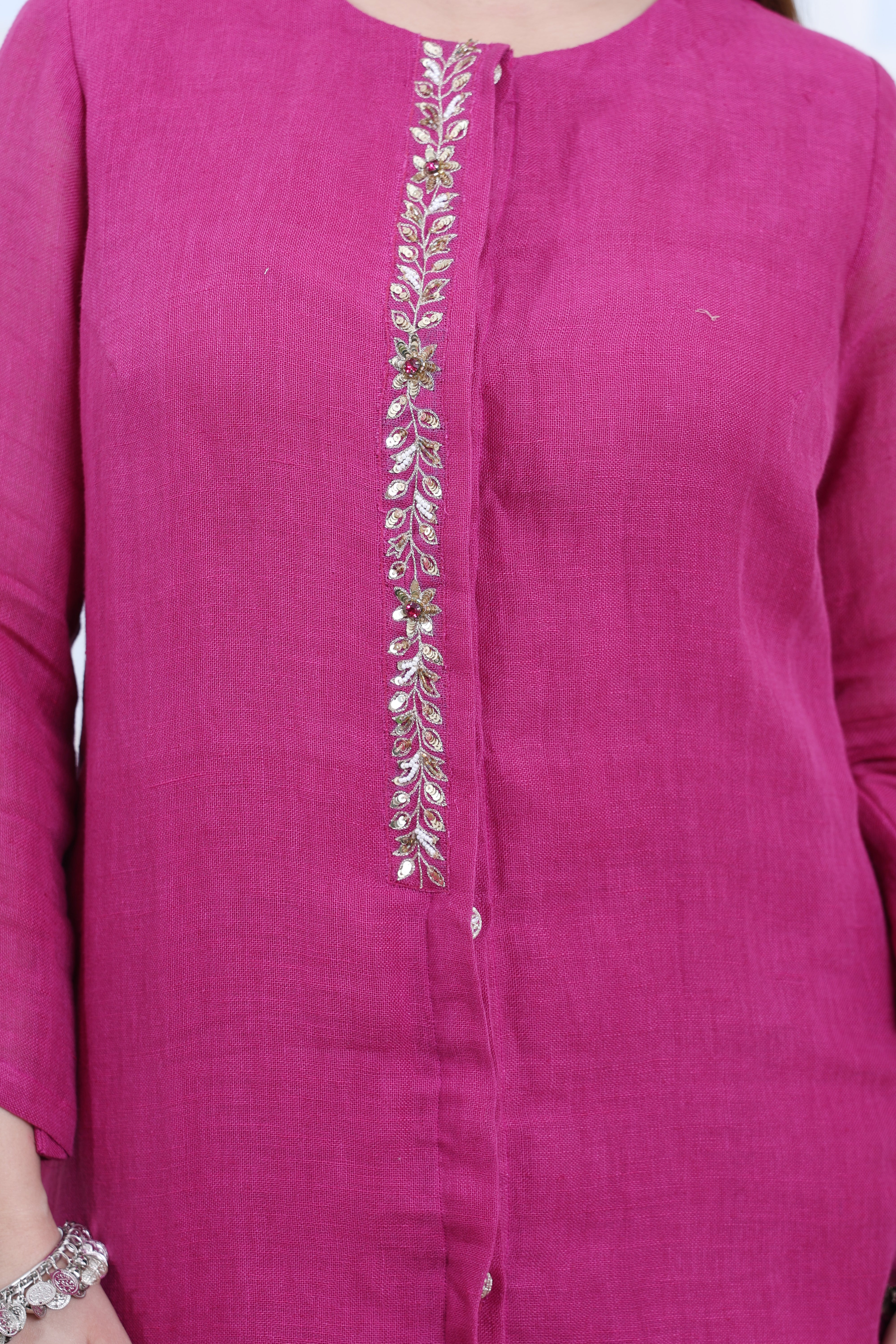 Deep Purple Linen Kurta  Set/Co-ord Set with Hand Embroidery