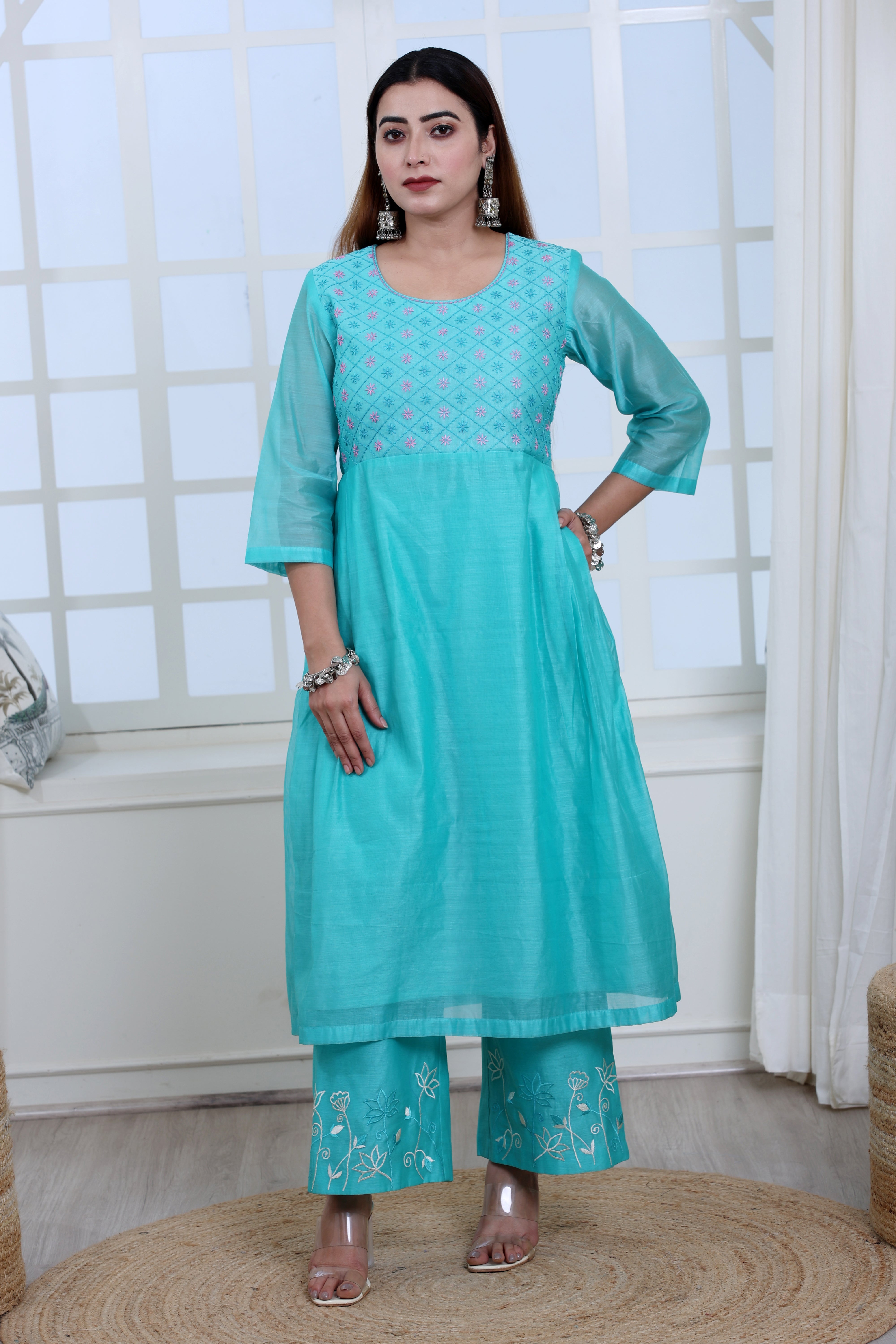 Sea Green Chanderi Angrakha Set with Hand Embroidery