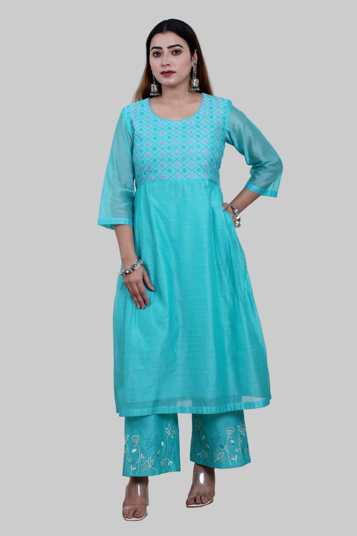 Sea Green Chanderi Angrakha Set with Hand Embroidery
