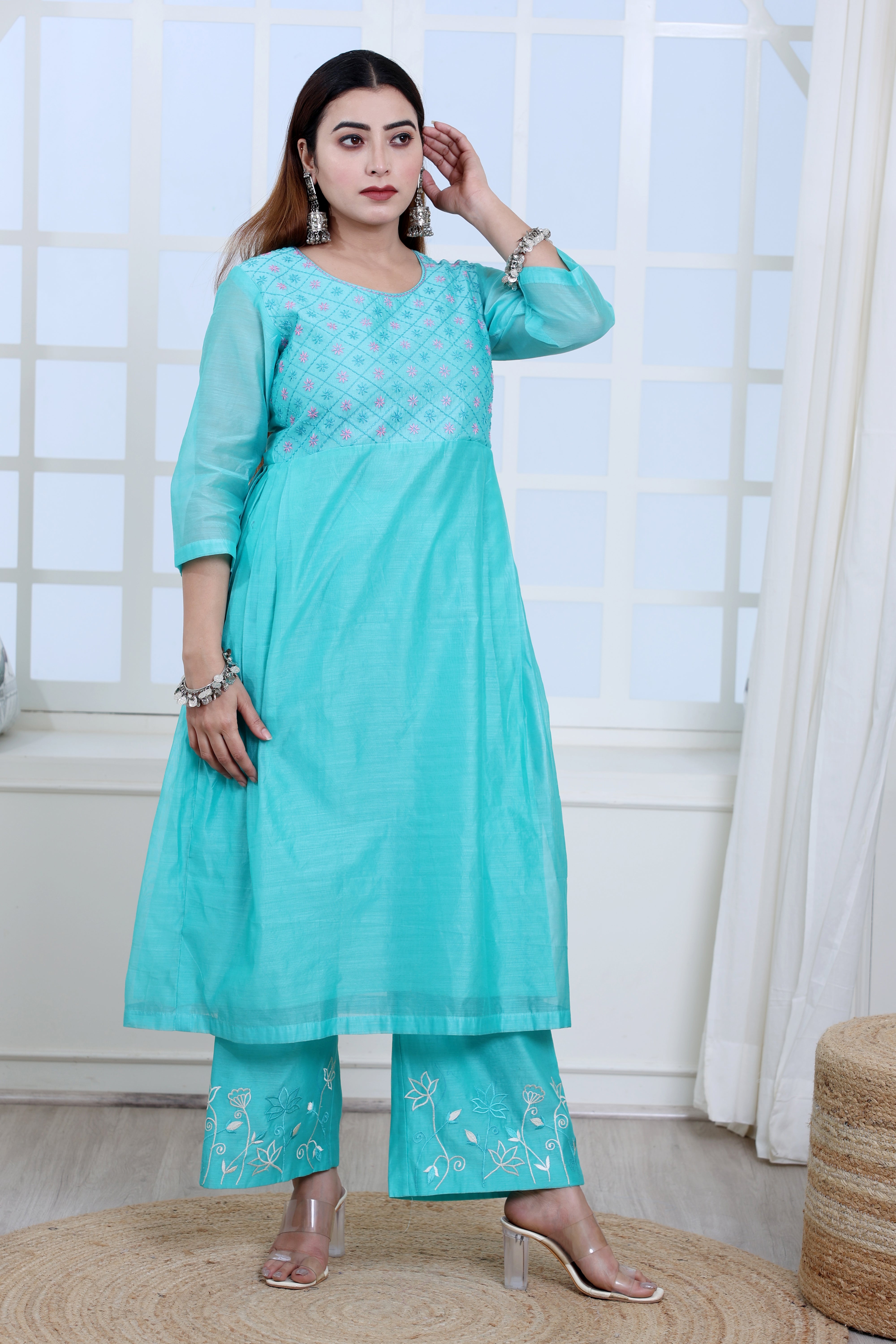 Sea Green Chanderi Angrakha Set with Hand Embroidery