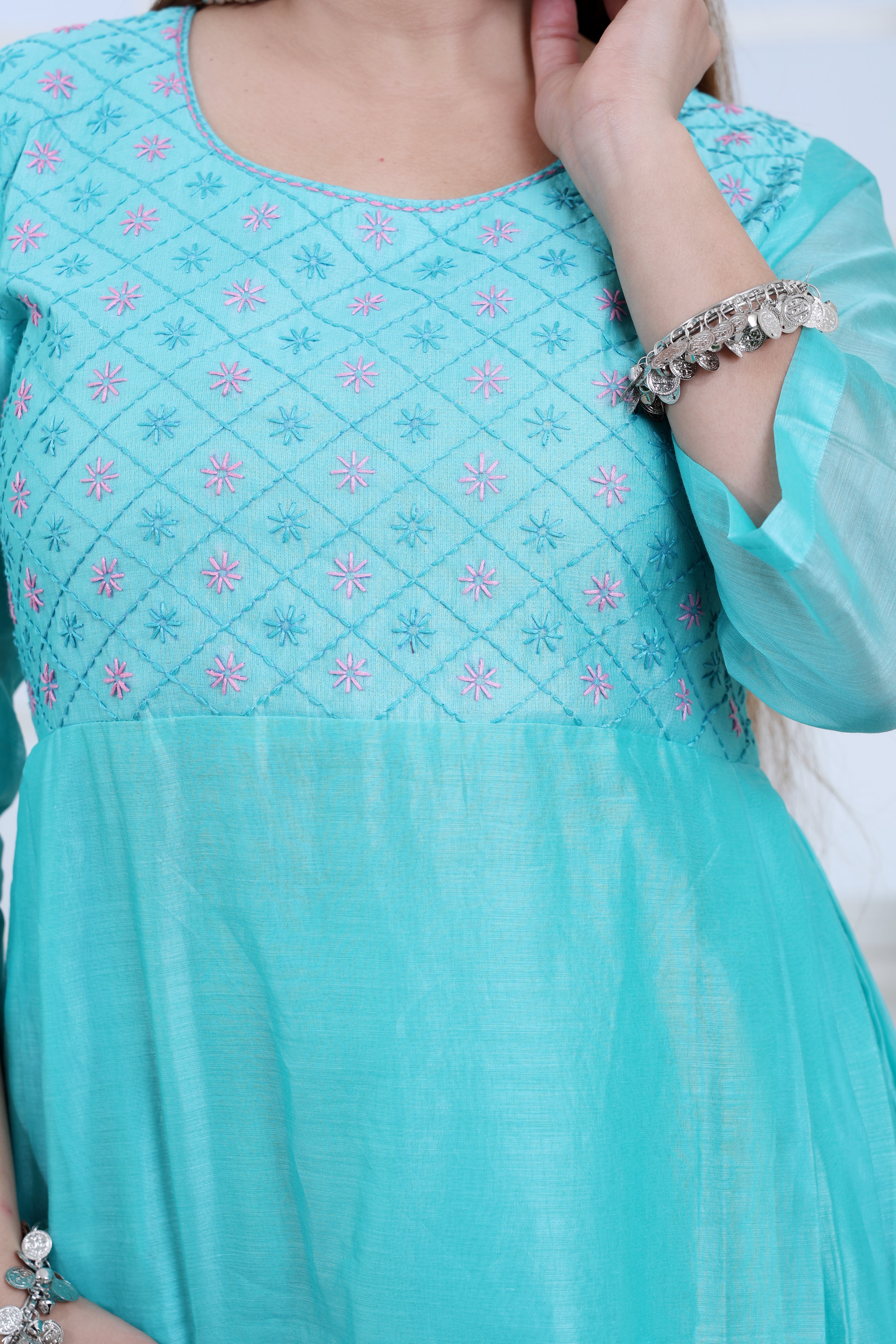 Sea Green Chanderi Angrakha Set with Hand Embroidery