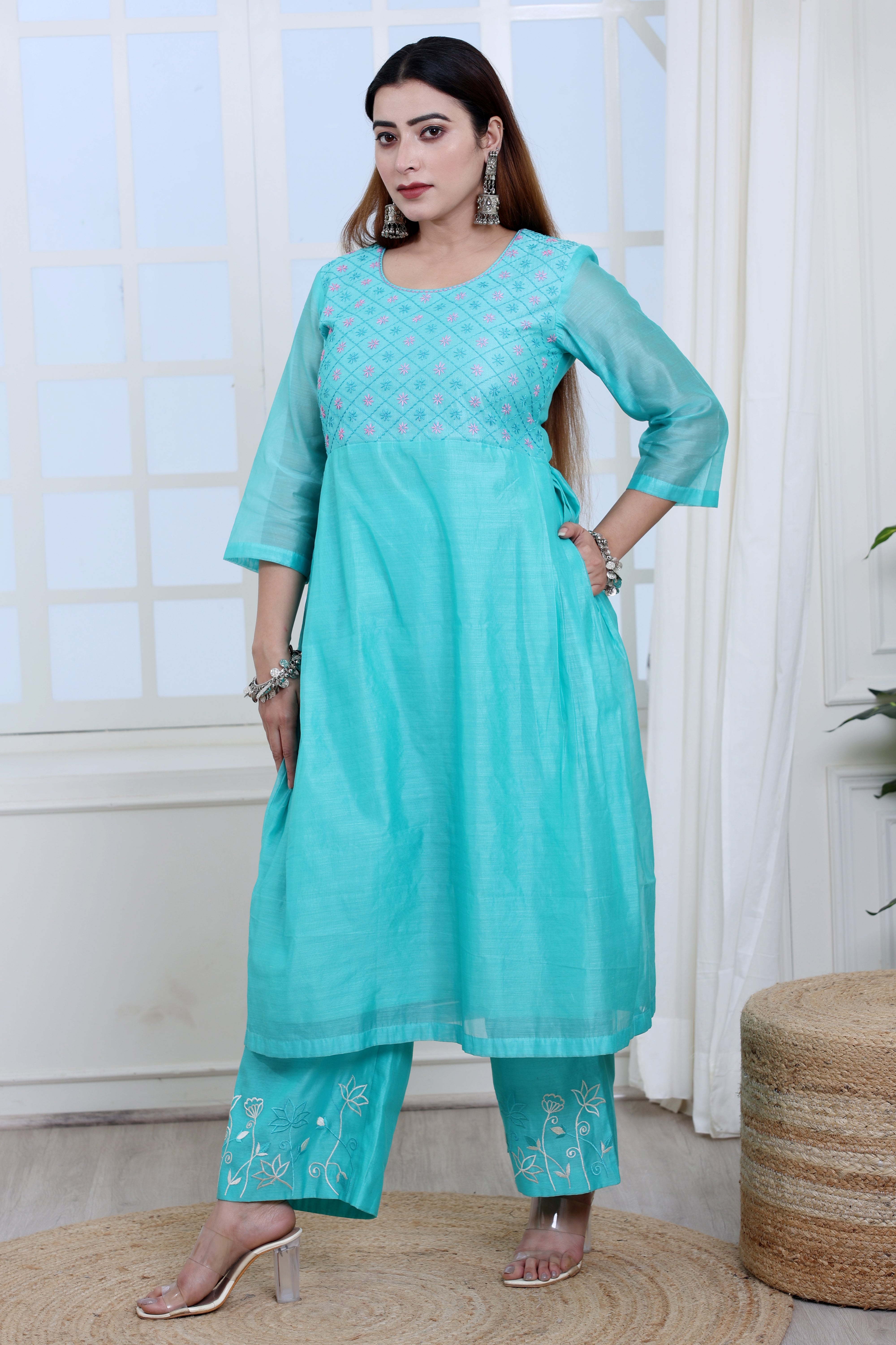 Sea Green Chanderi Angrakha Set with Hand Embroidery