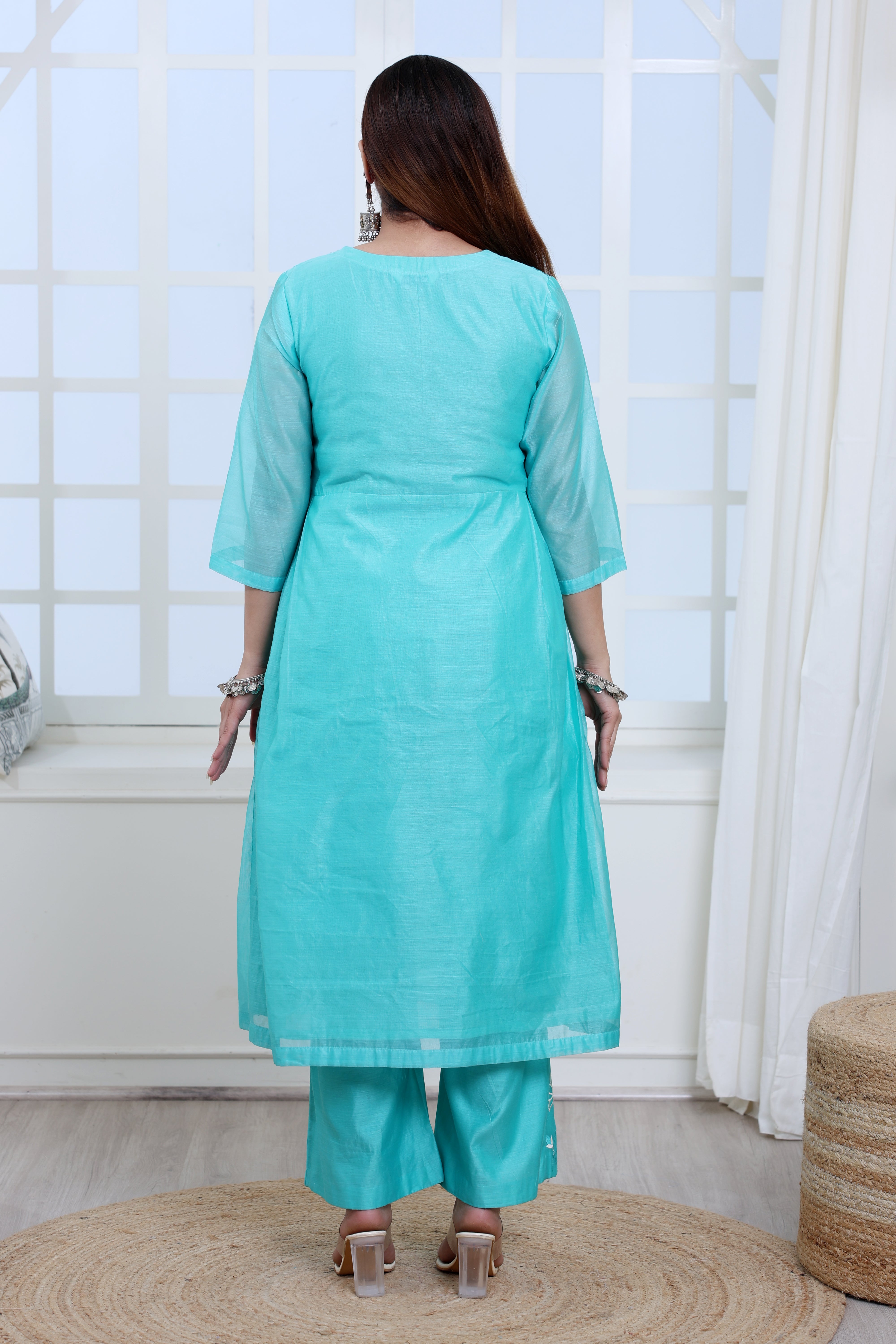 Sea Green Chanderi Angrakha Set with Hand Embroidery