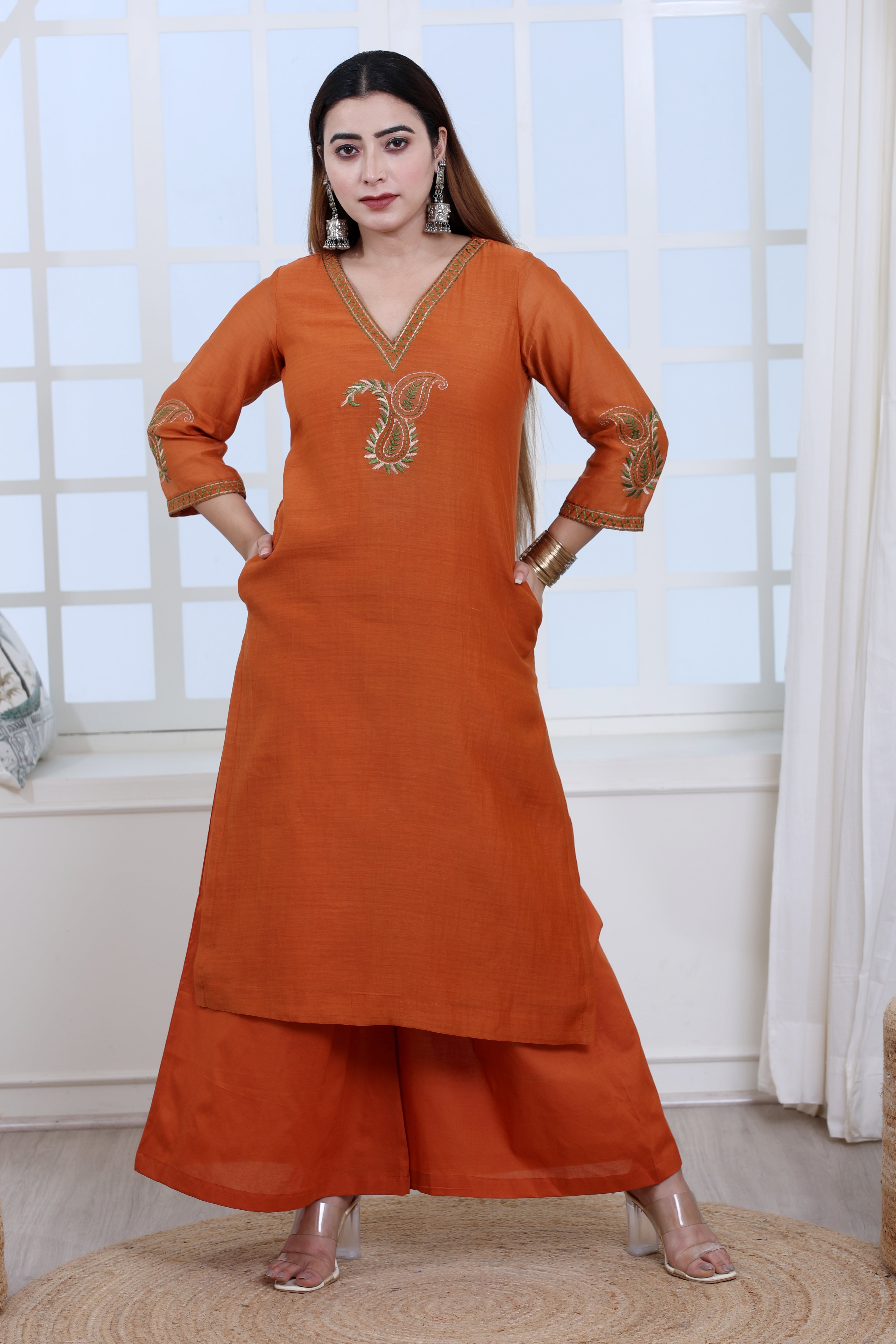 Rust Mul Chanderi Kurta Set with Palazzo and Paisley Embroidery