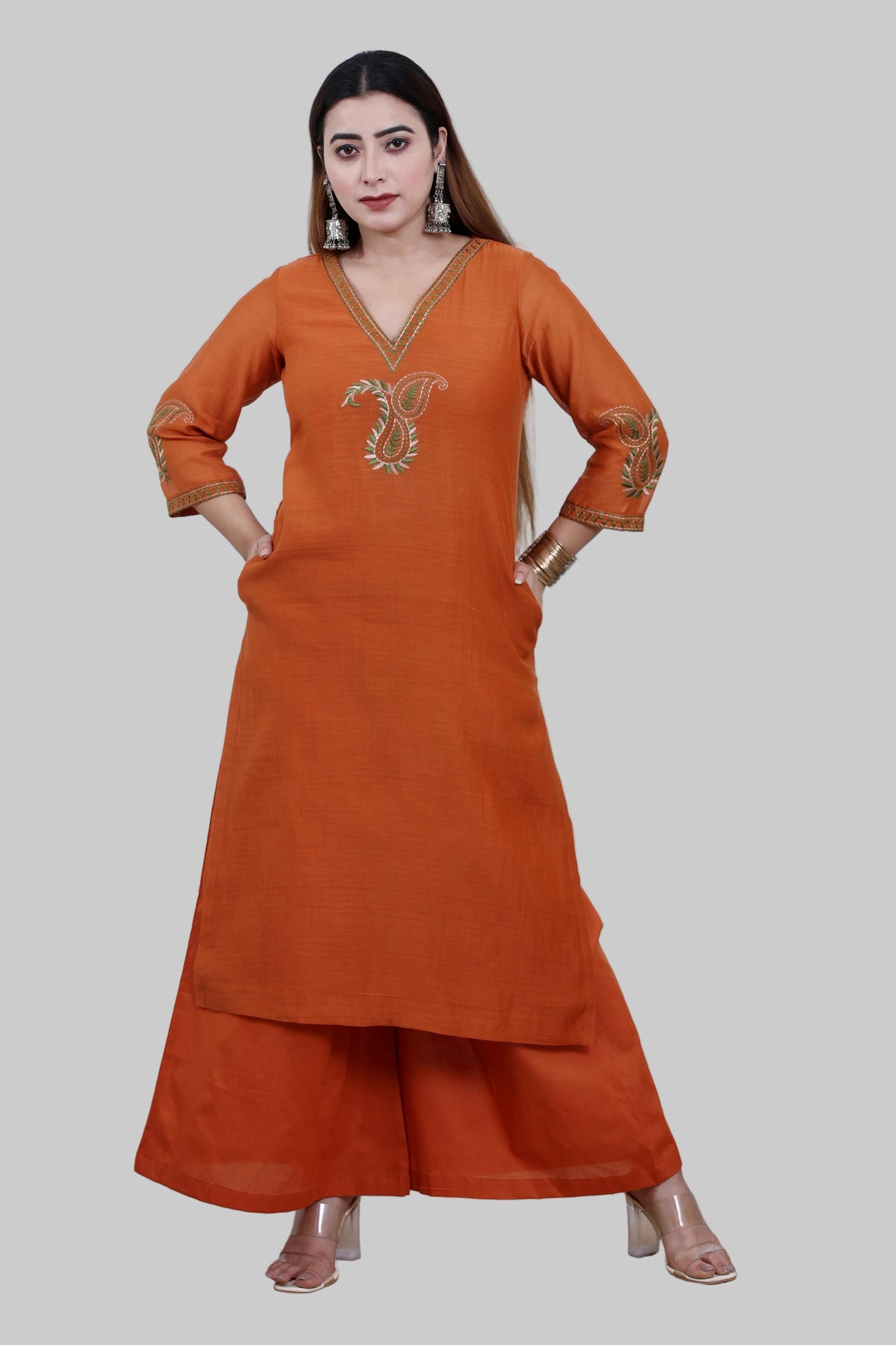 Rust Mul Chanderi Kurta Set with Palazzo and Paisley Embroidery