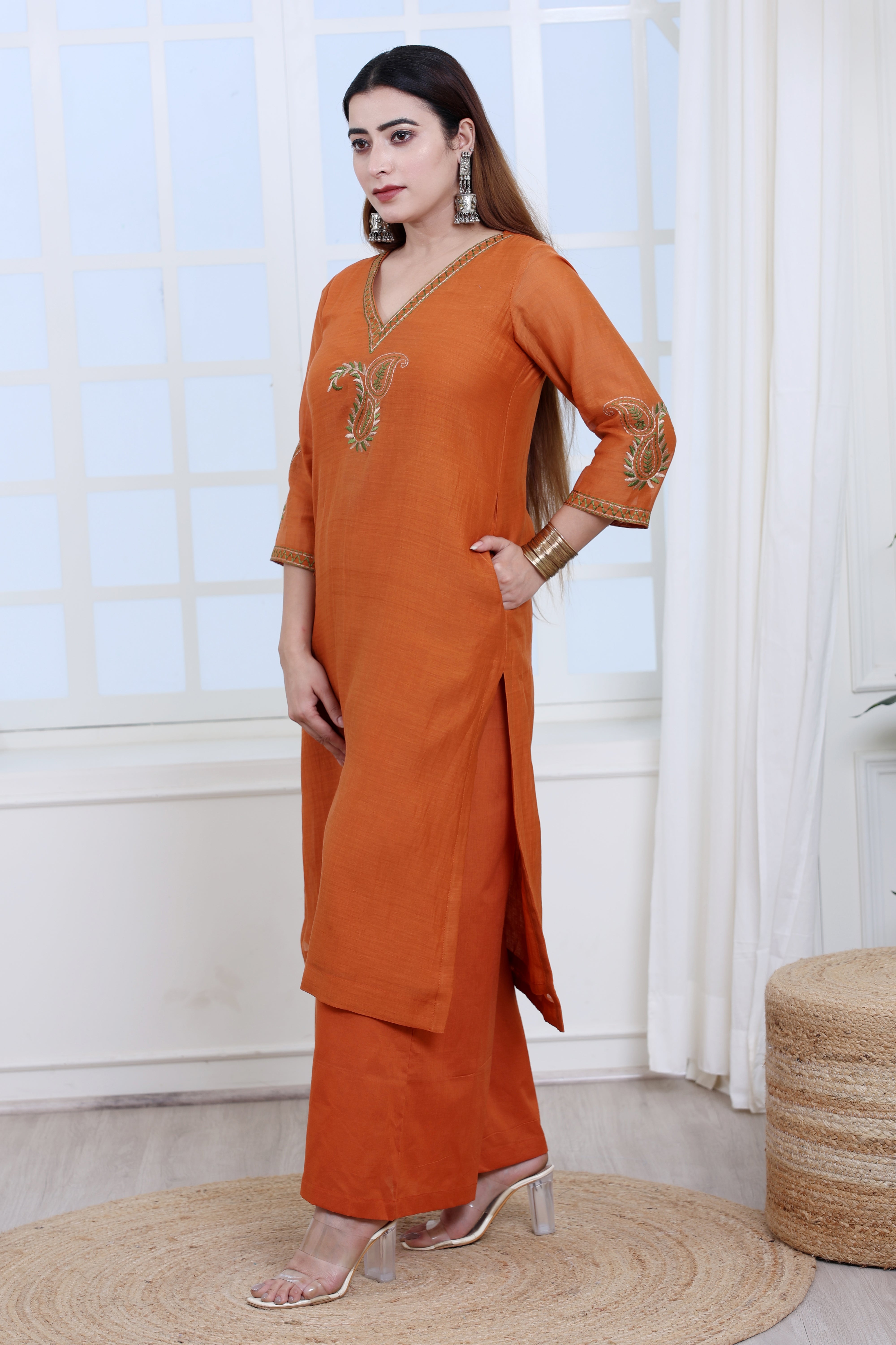 Rust Mul Chanderi Kurta Set with Palazzo and Paisley Embroidery