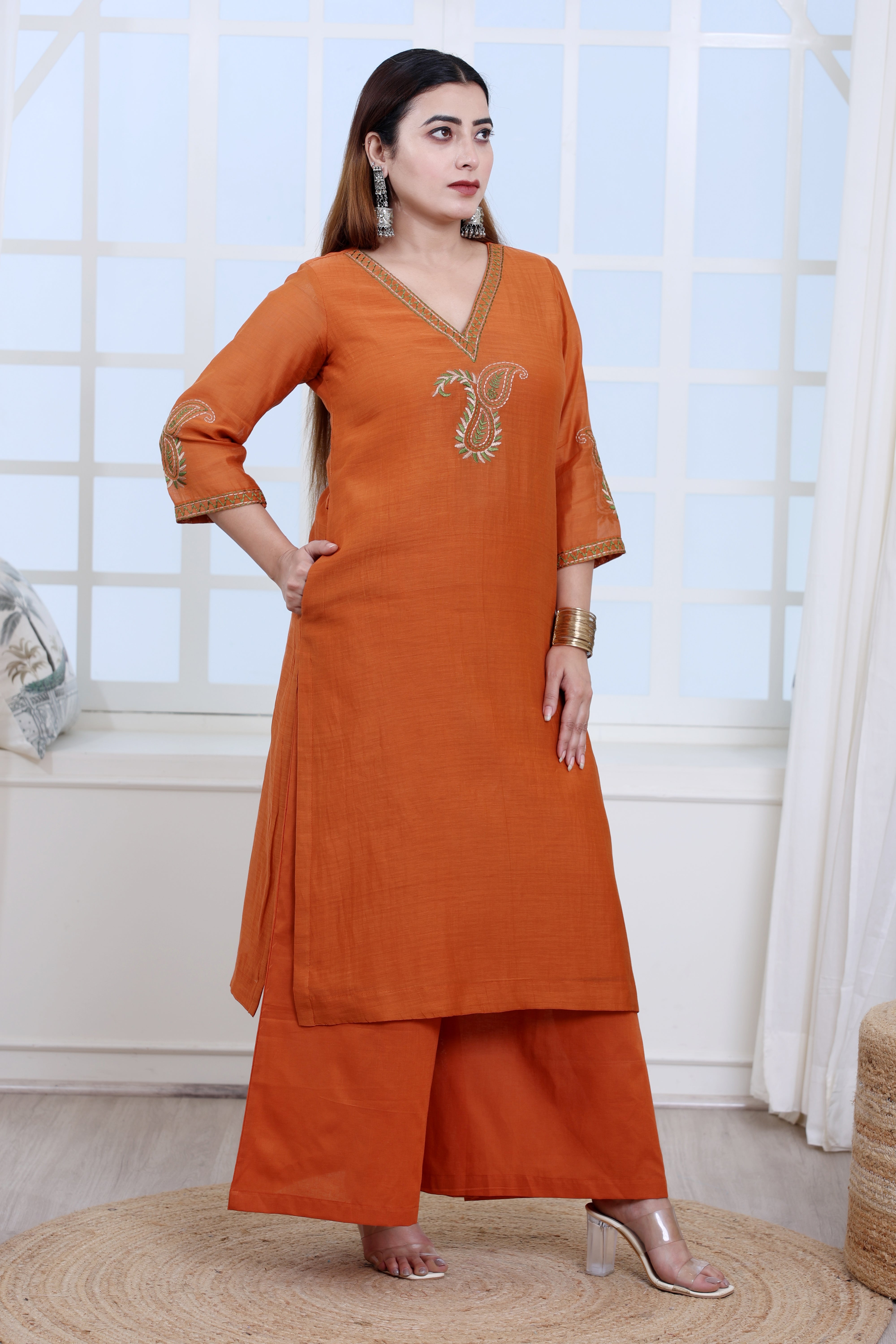 Rust Mul Chanderi Kurta Set with Palazzo and Paisley Embroidery
