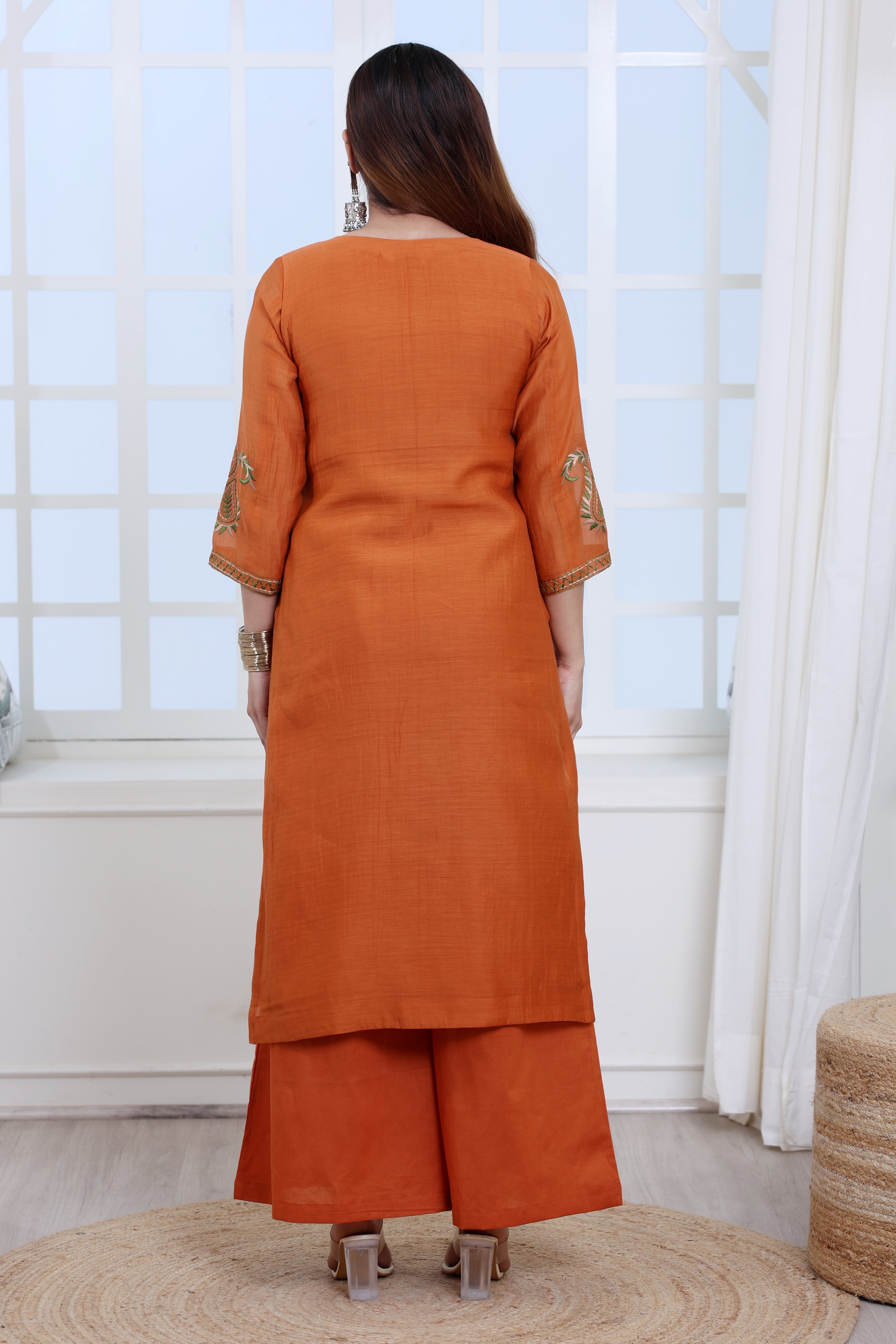 Rust Mul Chanderi Kurta Set with Palazzo and Paisley Embroidery