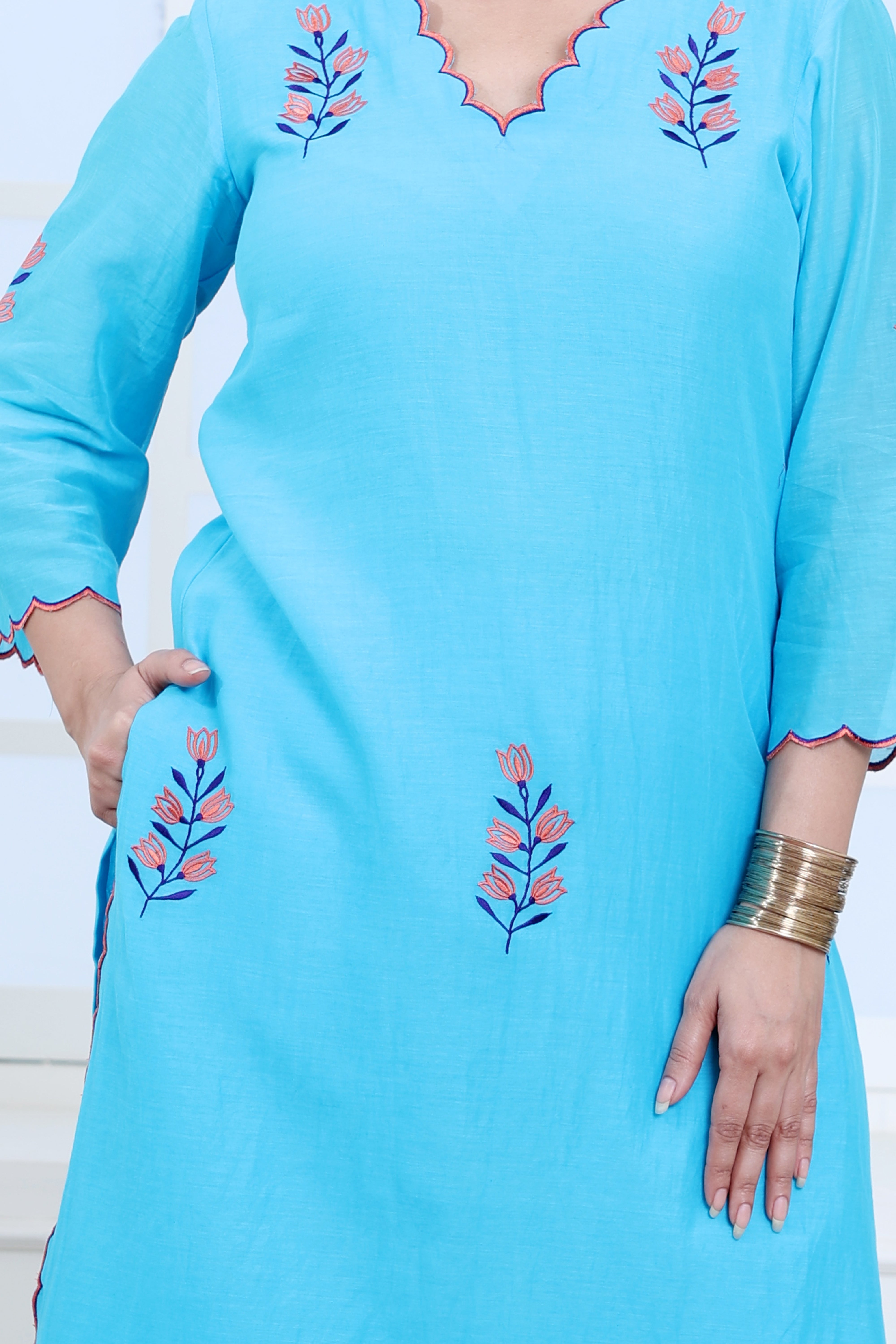 Blue Mul Chanderi Kurta Set with Poplin Pants and Floral Motifs