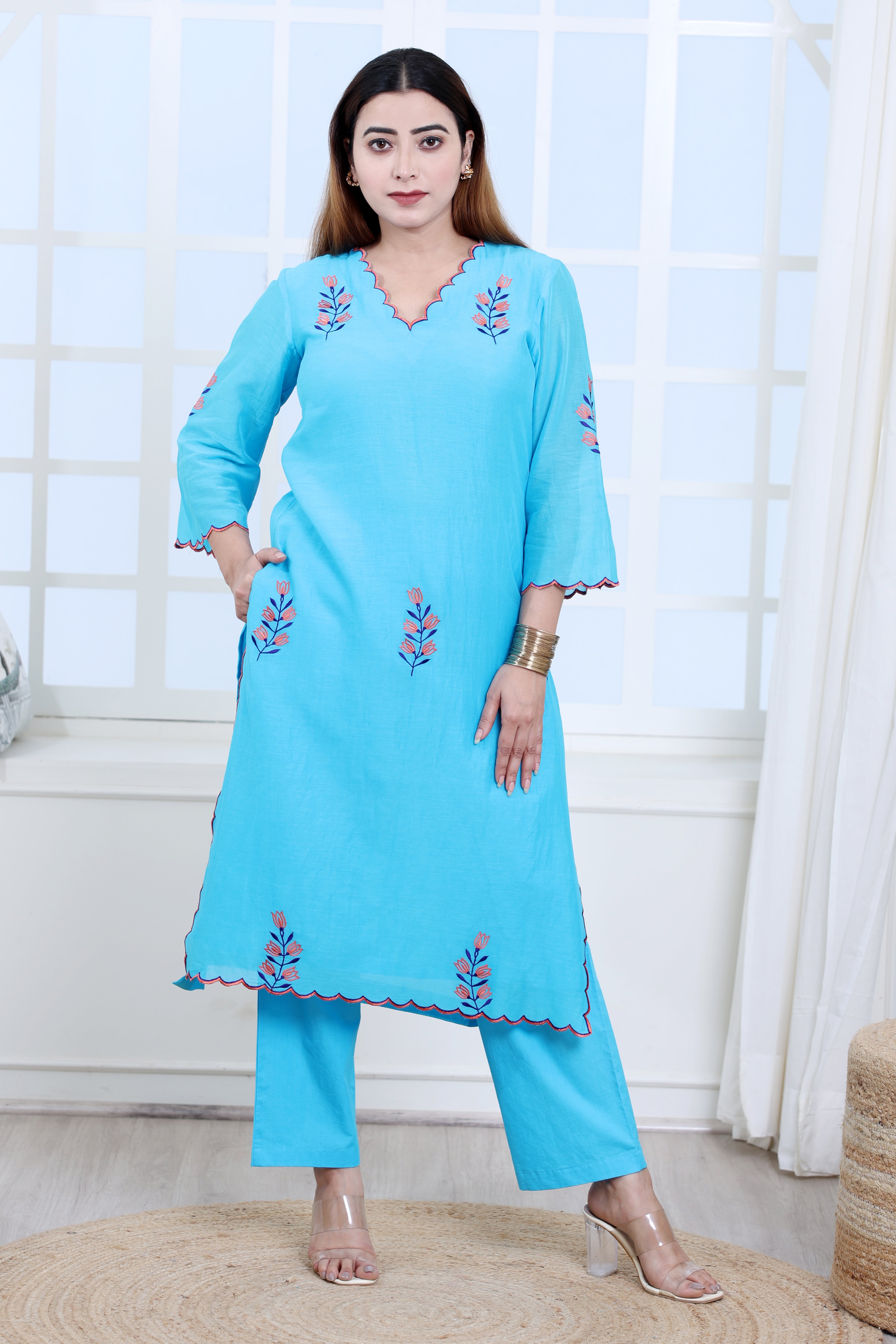 Blue Mul Chanderi Kurta Set with Poplin Pants and Floral Motifs