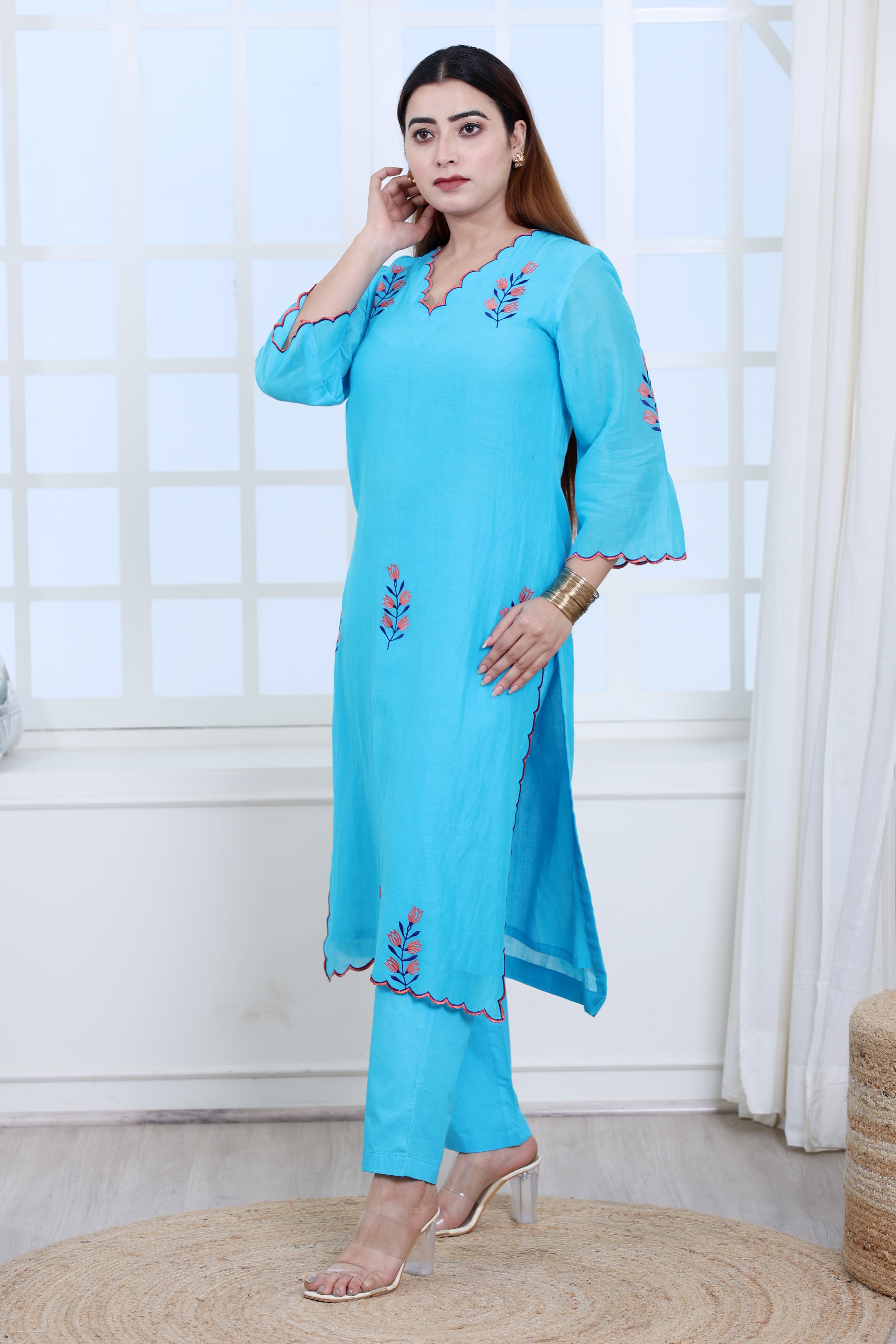 Blue Mul Chanderi Kurta Set with Poplin Pants and Floral Motifs