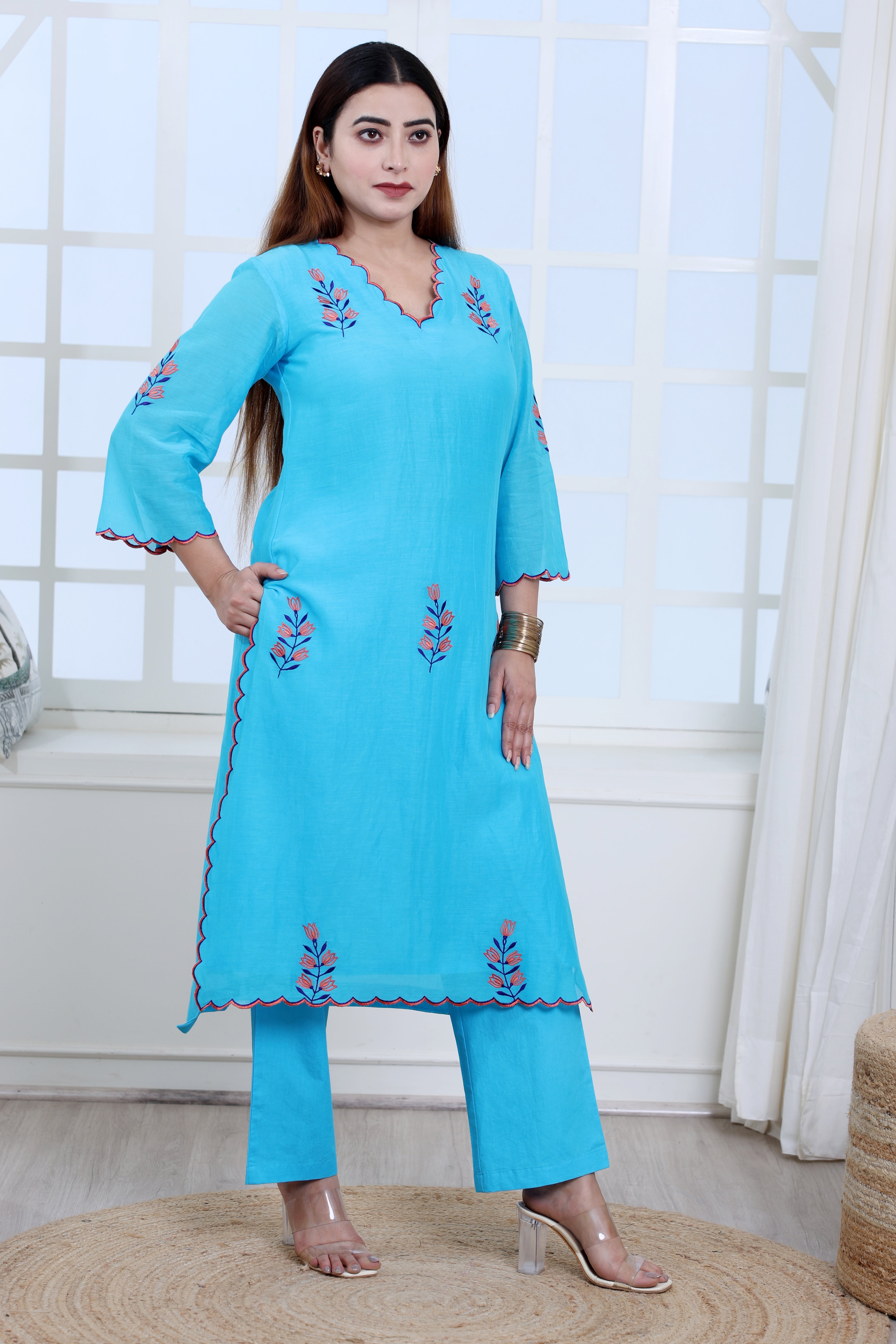 Blue Mul Chanderi Kurta Set with Poplin Pants and Floral Motifs