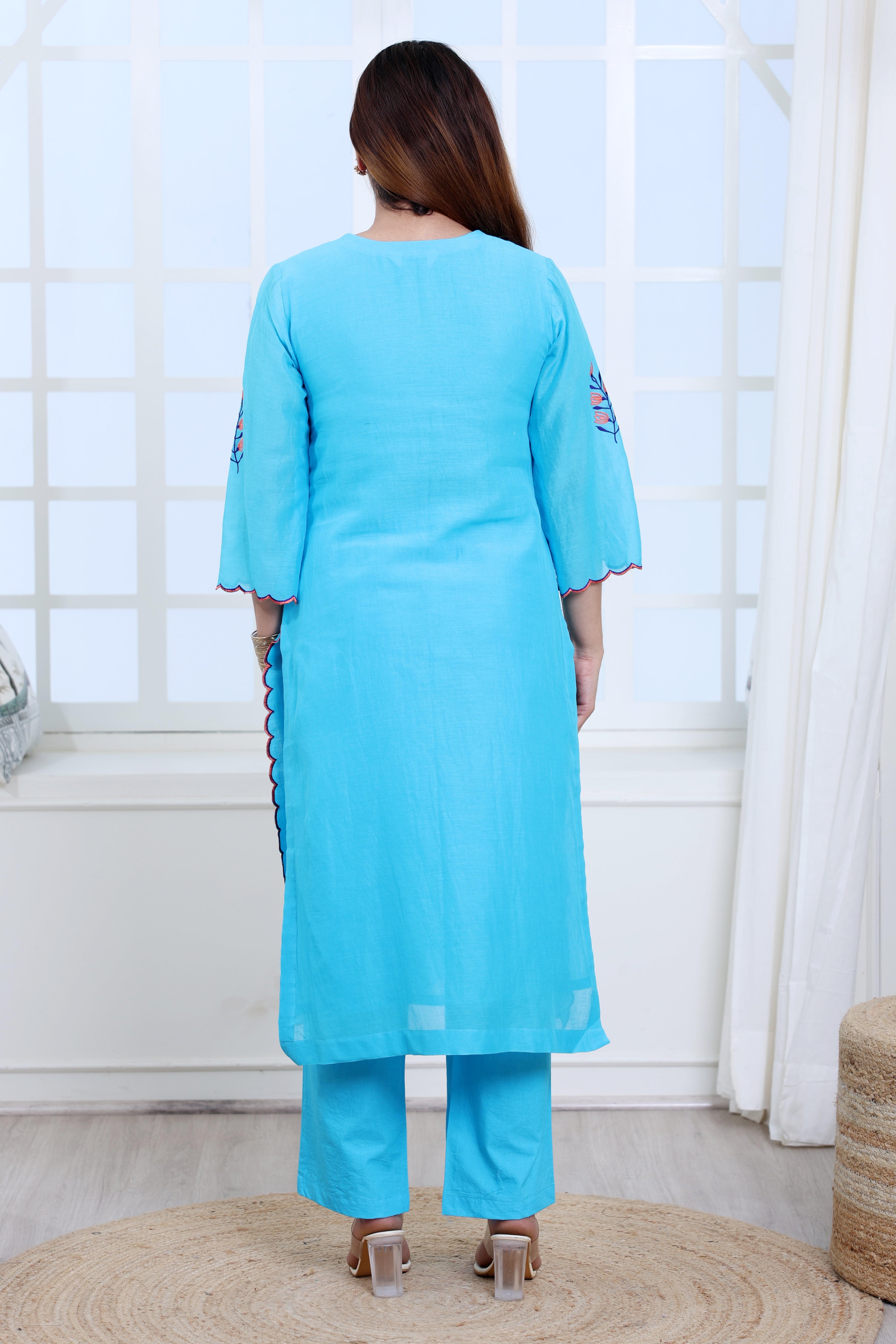 Blue Mul Chanderi Kurta Set with Poplin Pants and Floral Motifs