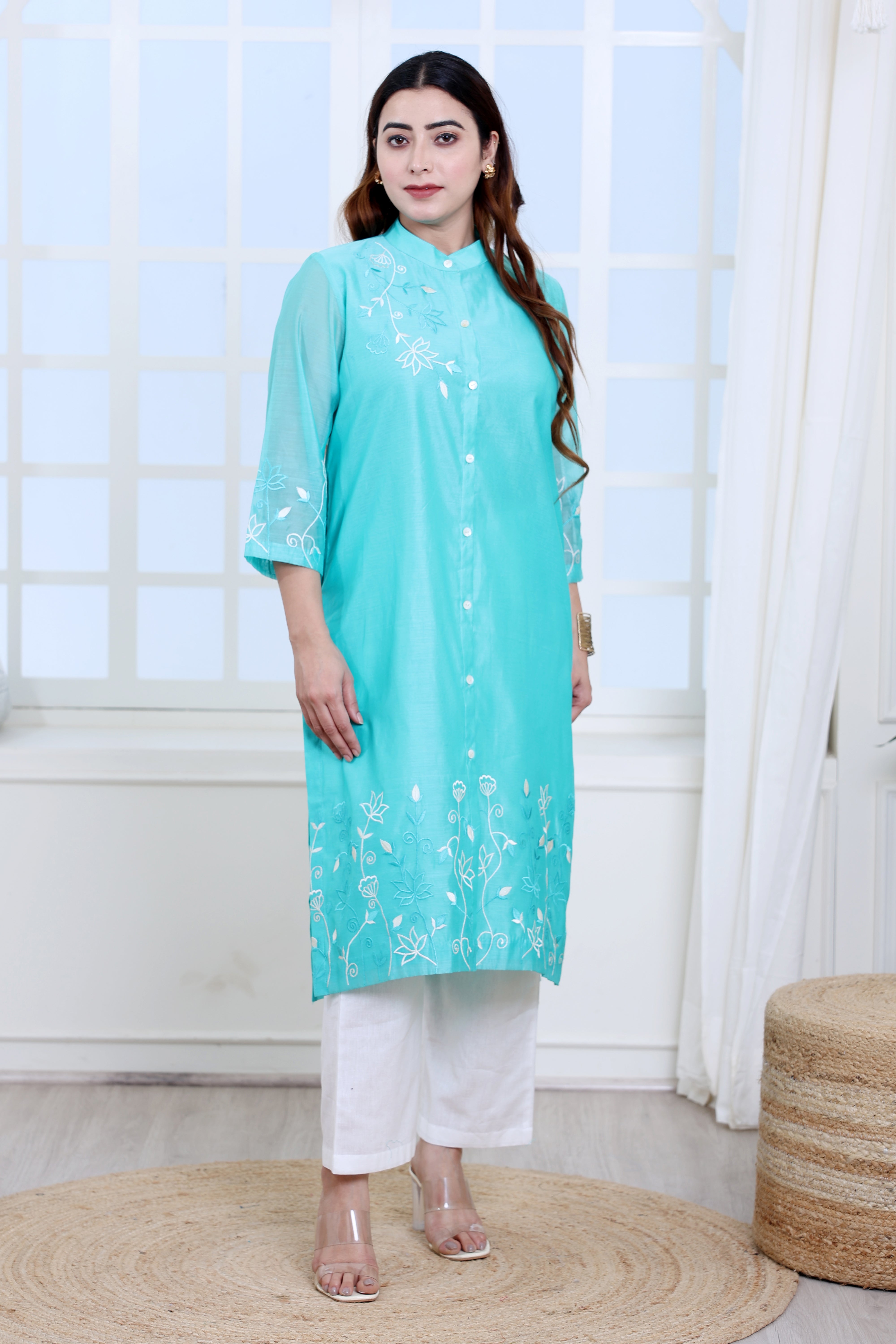 Sea Green Chanderi Kurta Set with Band Collar and Heavy Embroidery