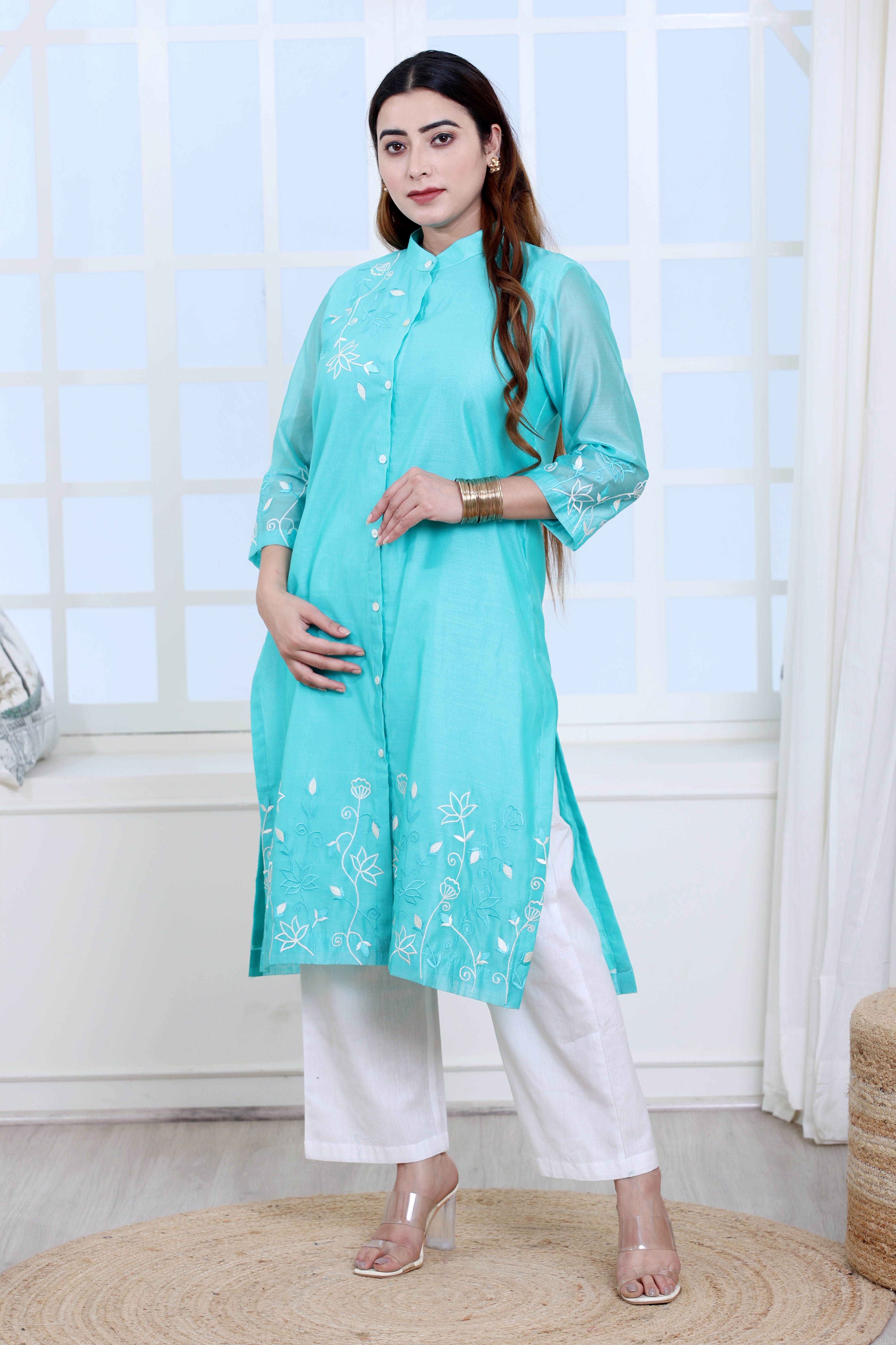 Sea Green Chanderi Kurta Set with Band Collar and Heavy Embroidery