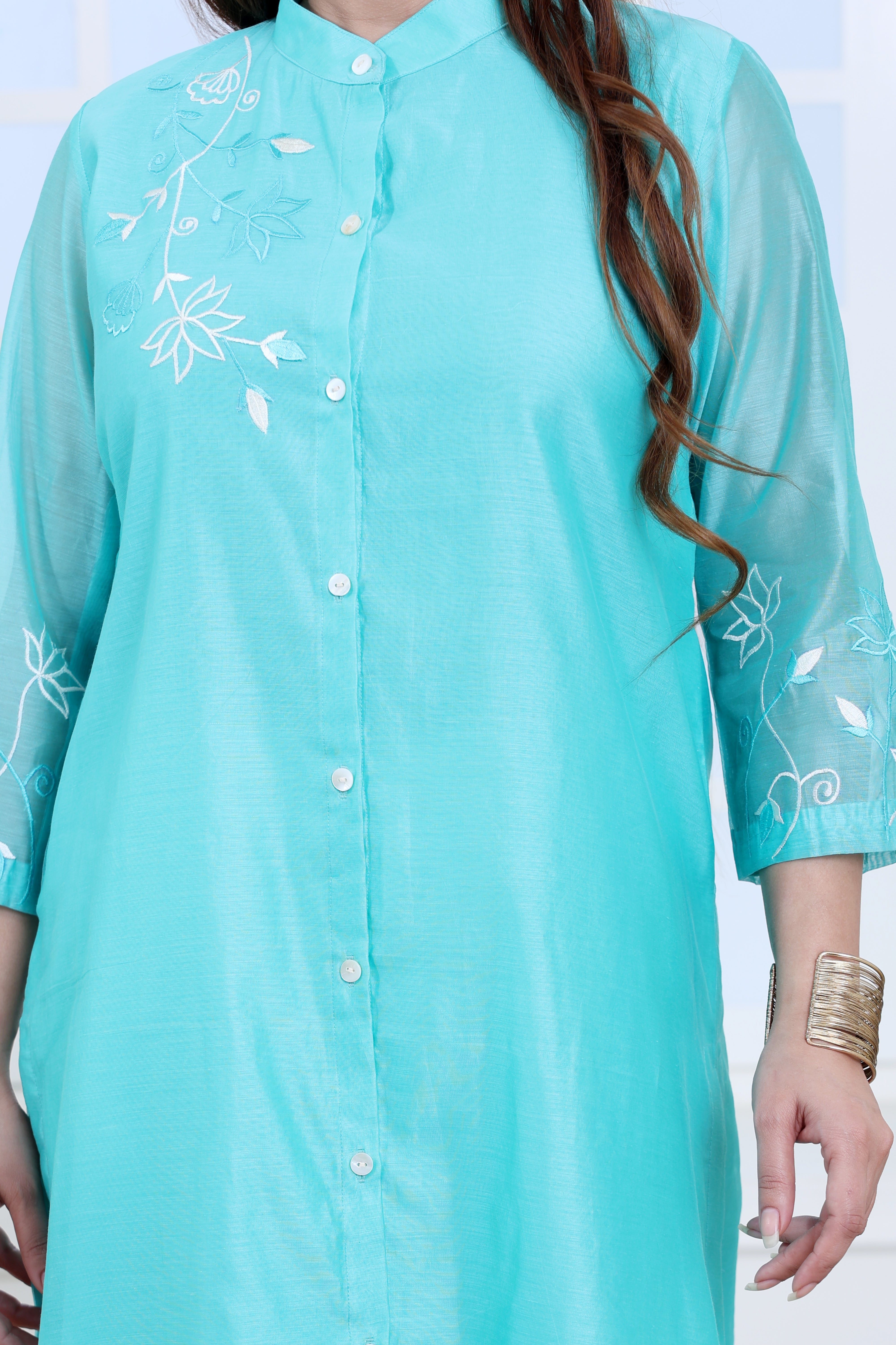 Sea Green Chanderi Kurta Set with Band Collar and Heavy Embroidery