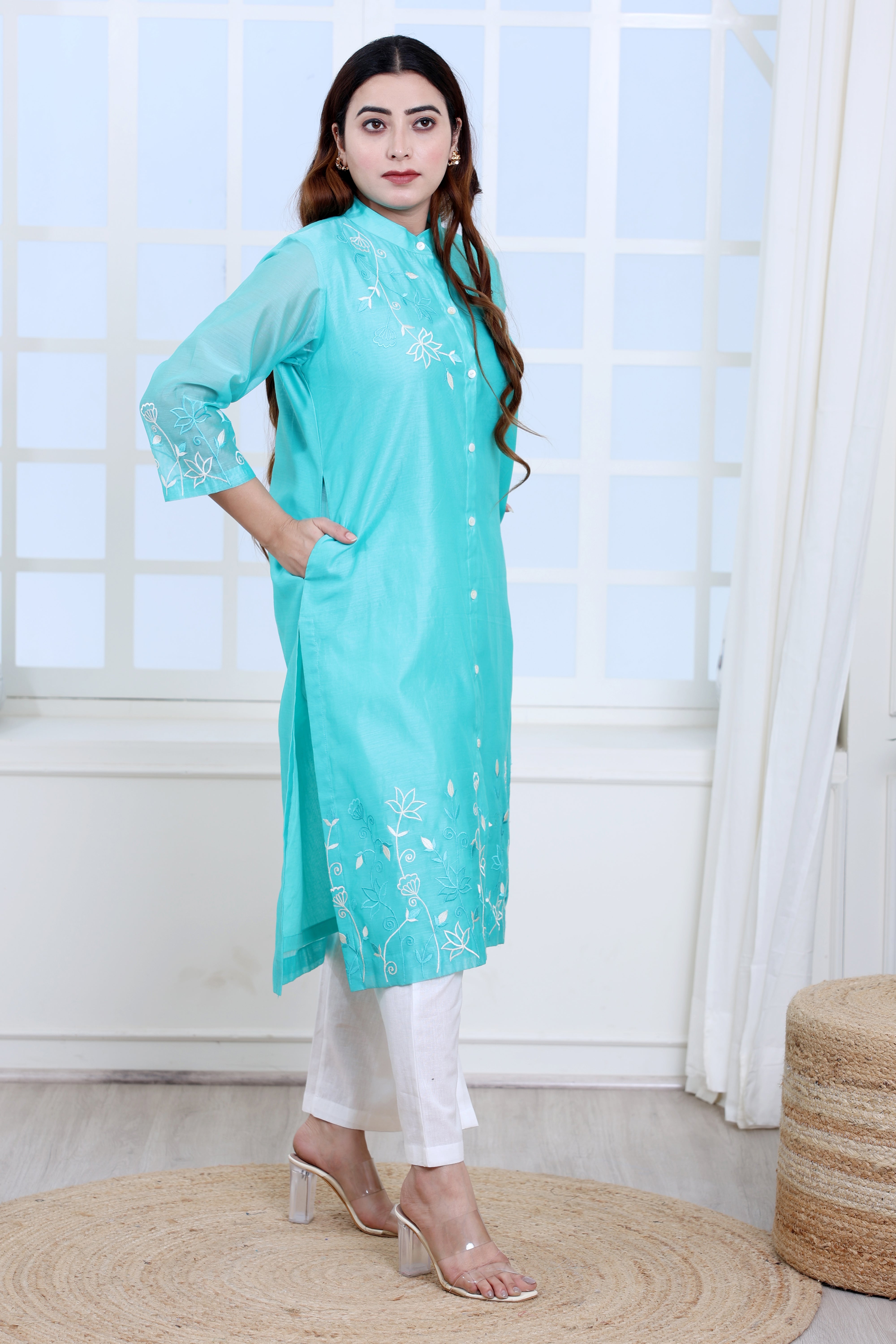 Sea Green Chanderi Kurta Set with Band Collar and Heavy Embroidery