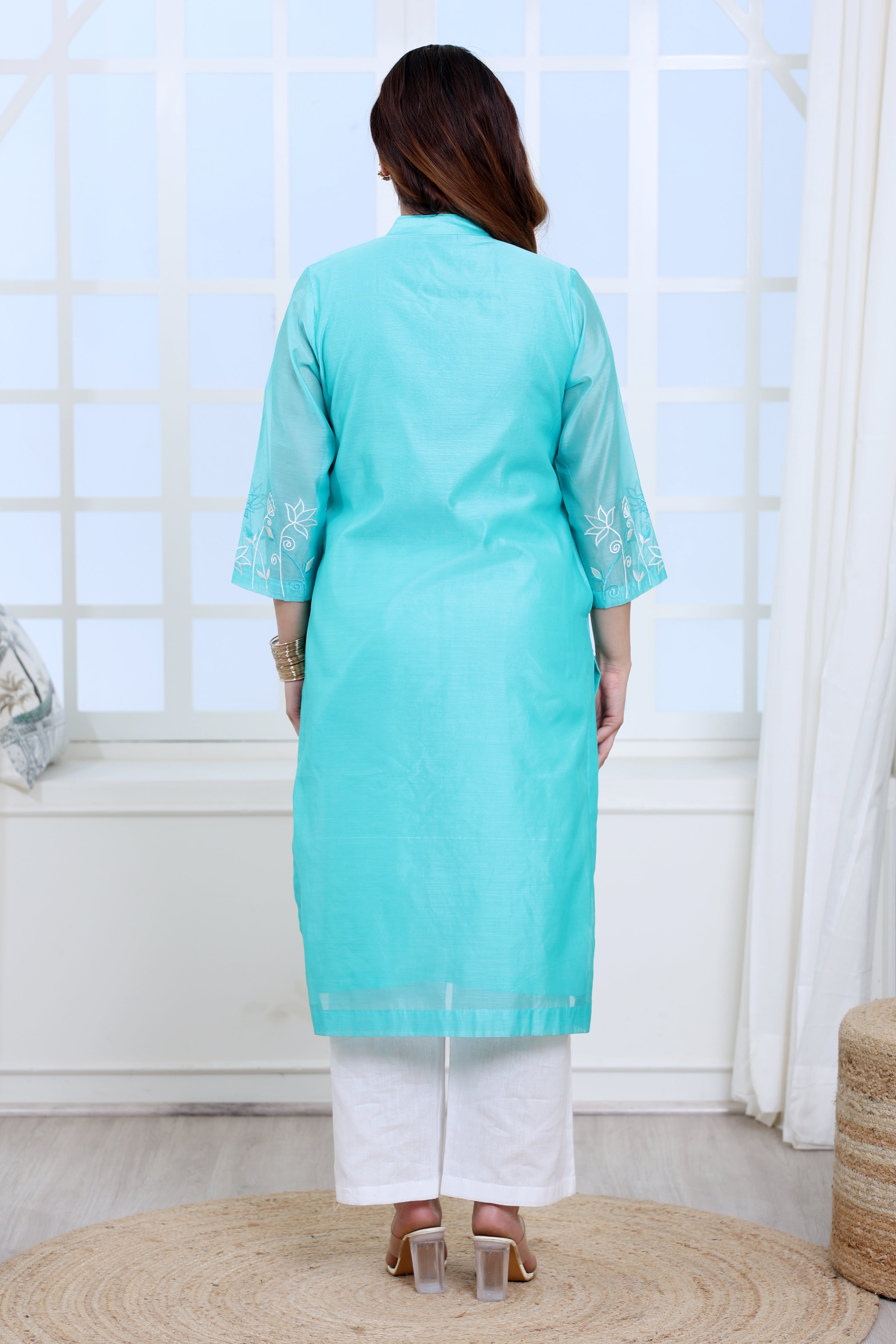 Sea Green Chanderi Kurta Set with Band Collar and Heavy Embroidery