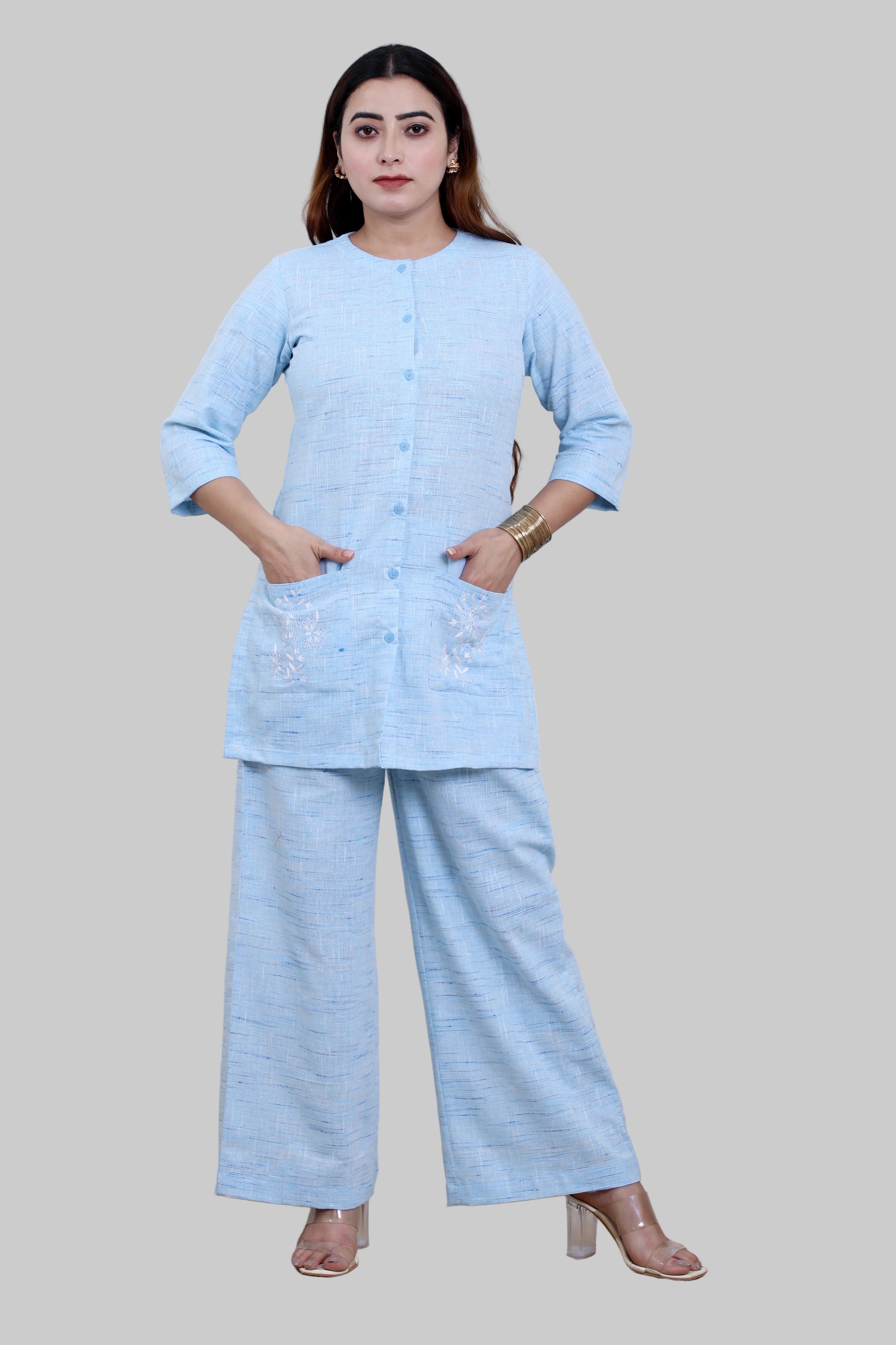 Ice Blue Handwoven Khadi Co-ord Set with Embroidered Pockets