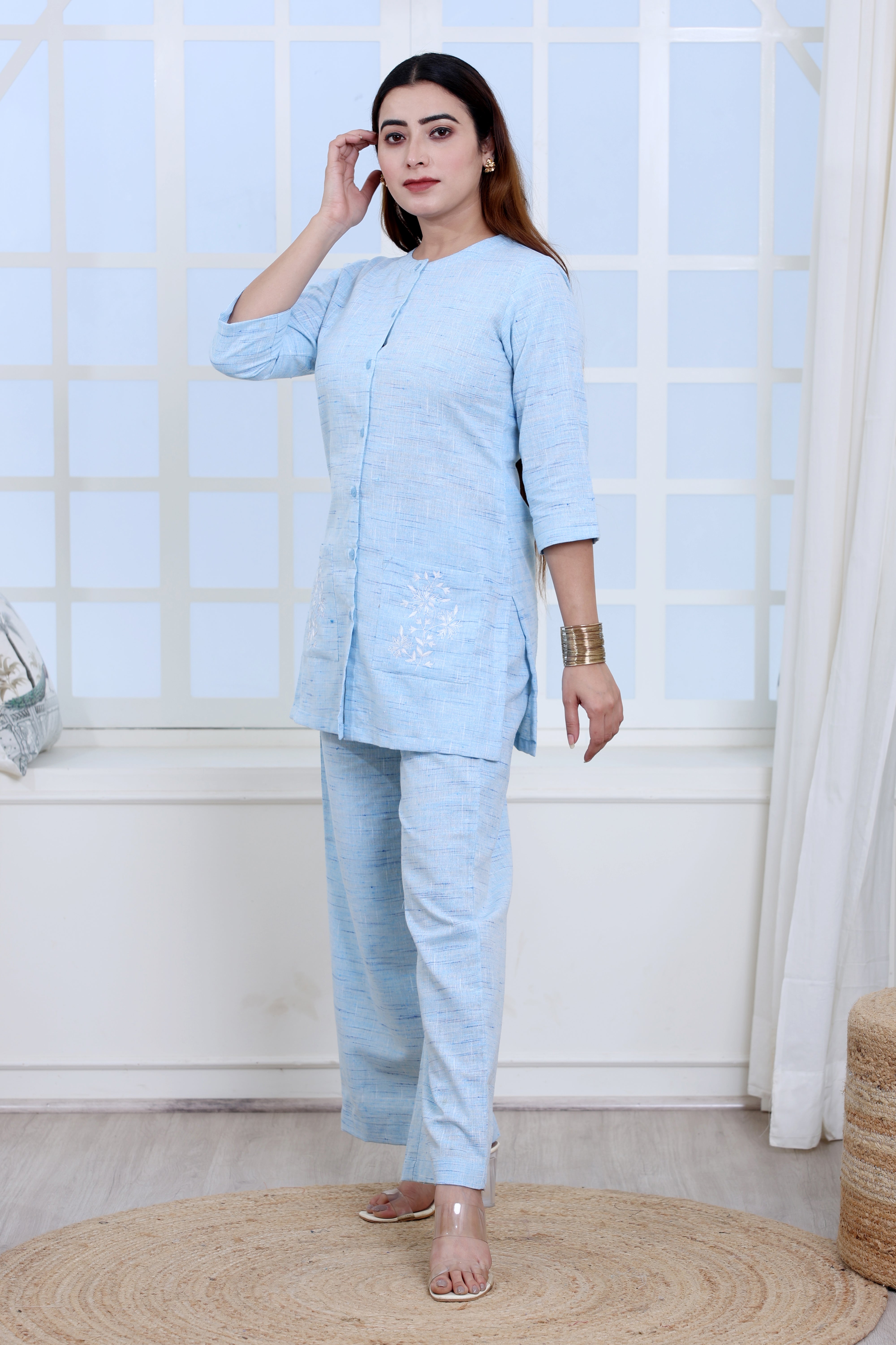 Ice Blue Handwoven Khadi Co-ord Set with Embroidered Pockets