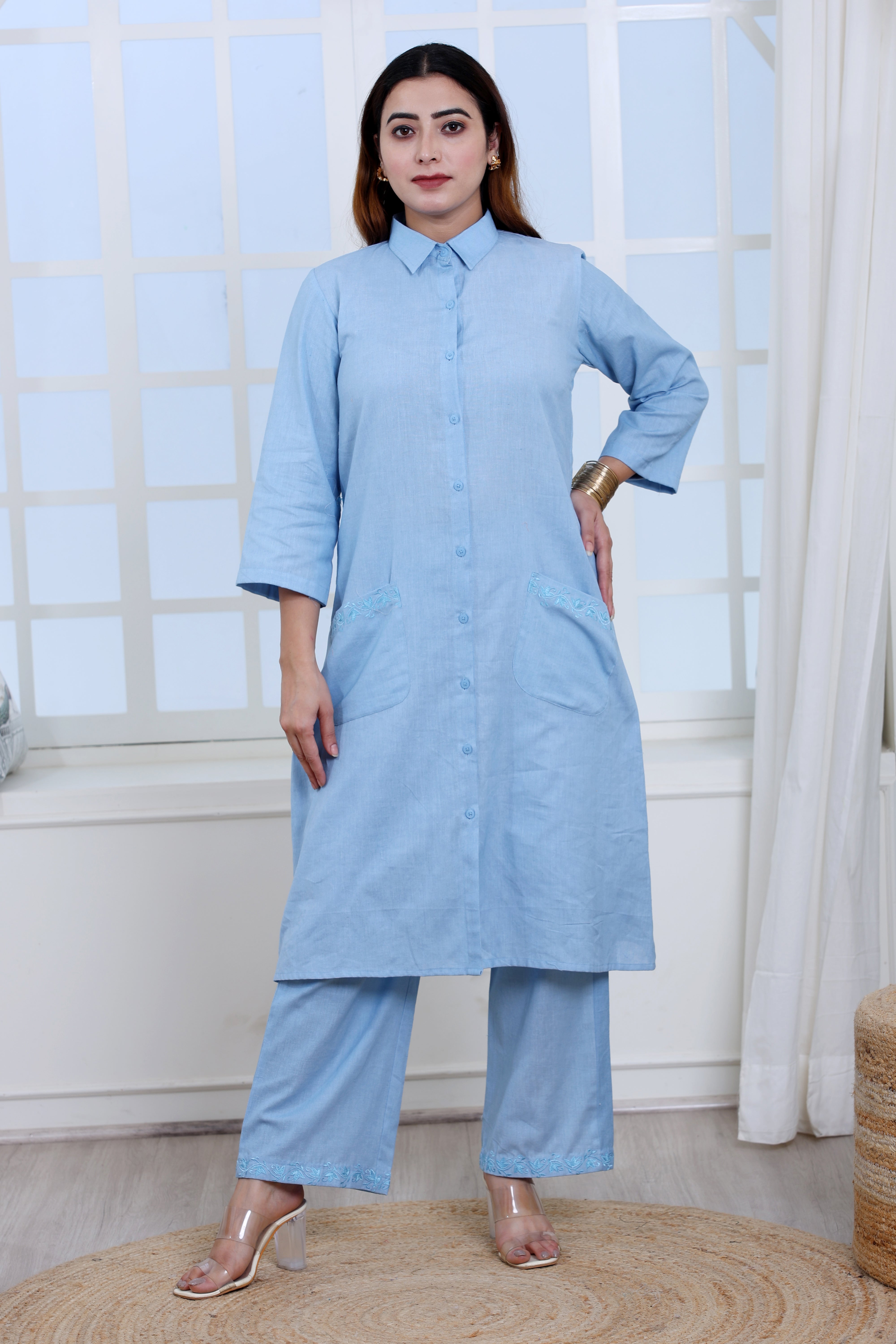 Sky Blue Cotton Linen Kurta Set with Collar and Hand Embroidery