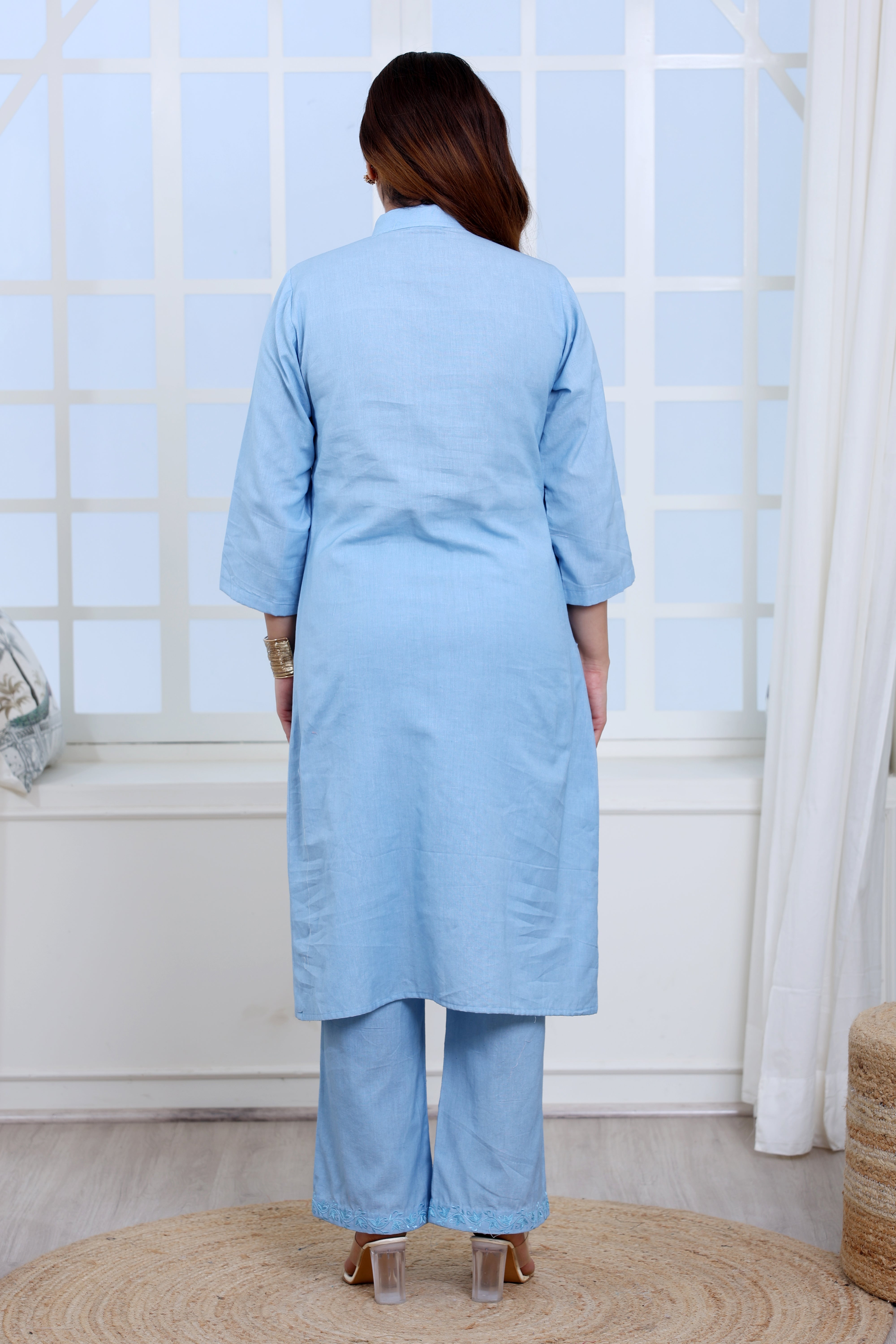 Sky Blue Cotton Linen Kurta Set with Collar and Hand Embroidery