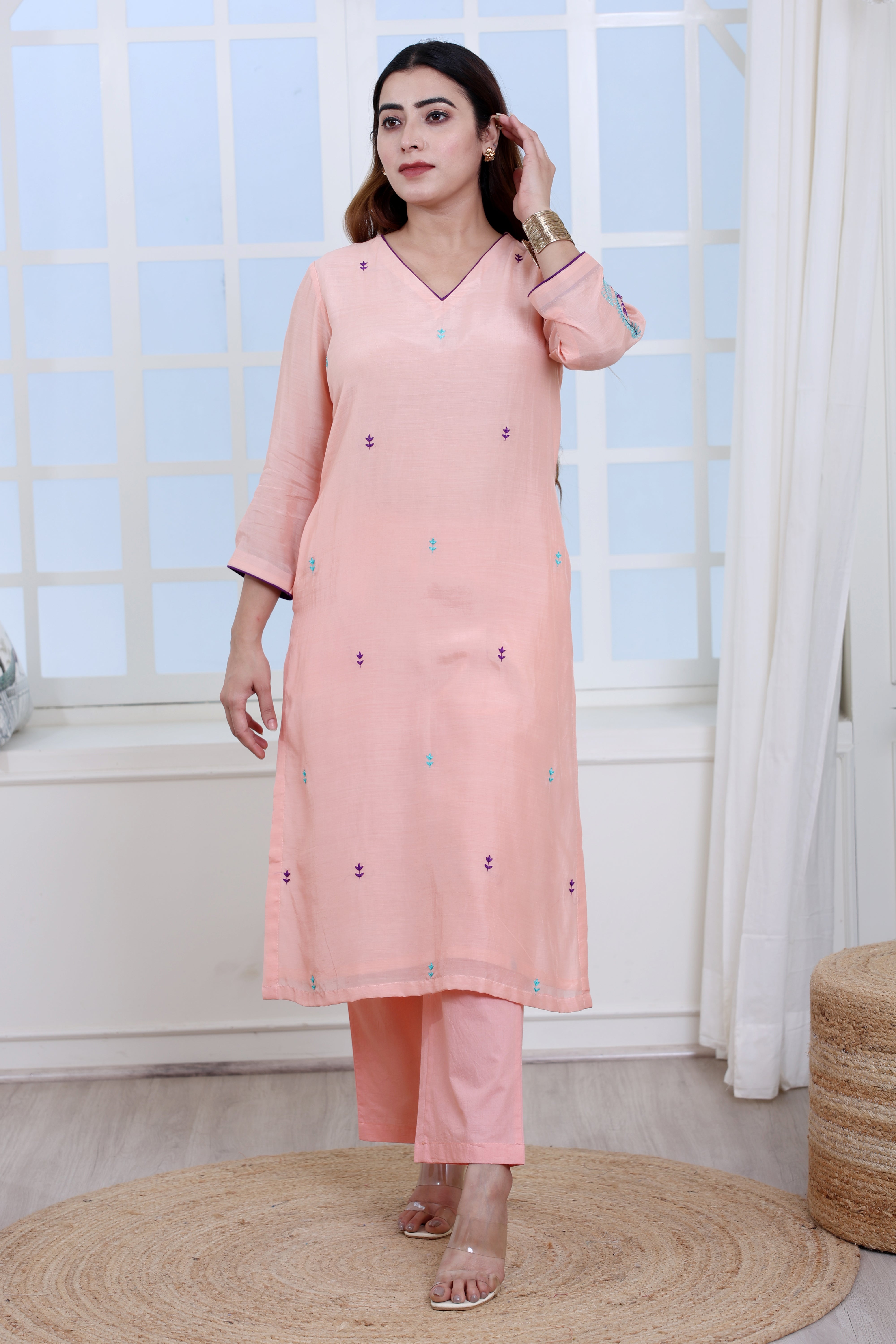Peach Mul Chanderi Kurta Set with Poplin Pants and Floral Embroidery