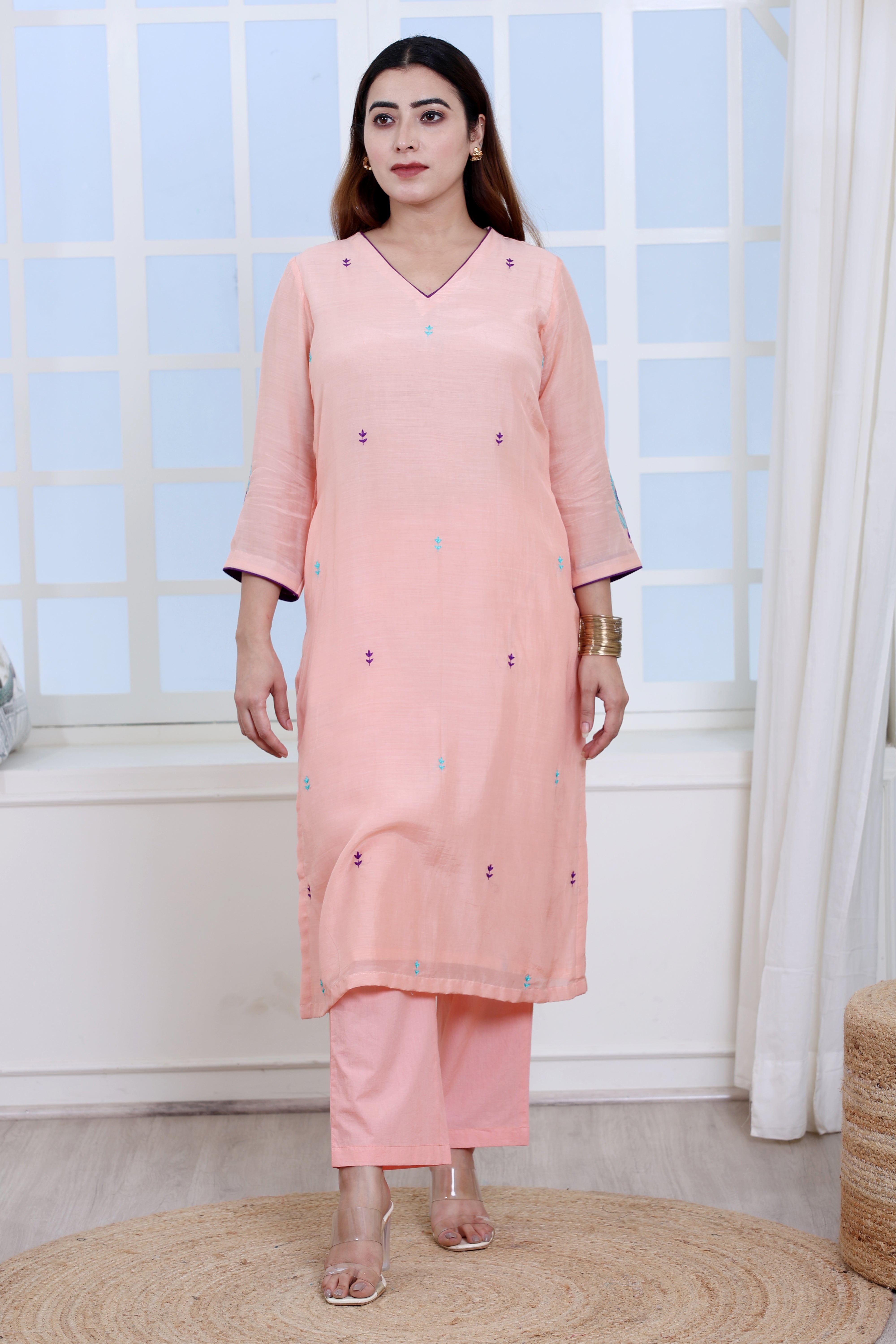 Peach Mul Chanderi Kurta Set with Poplin Pants and Floral Embroidery