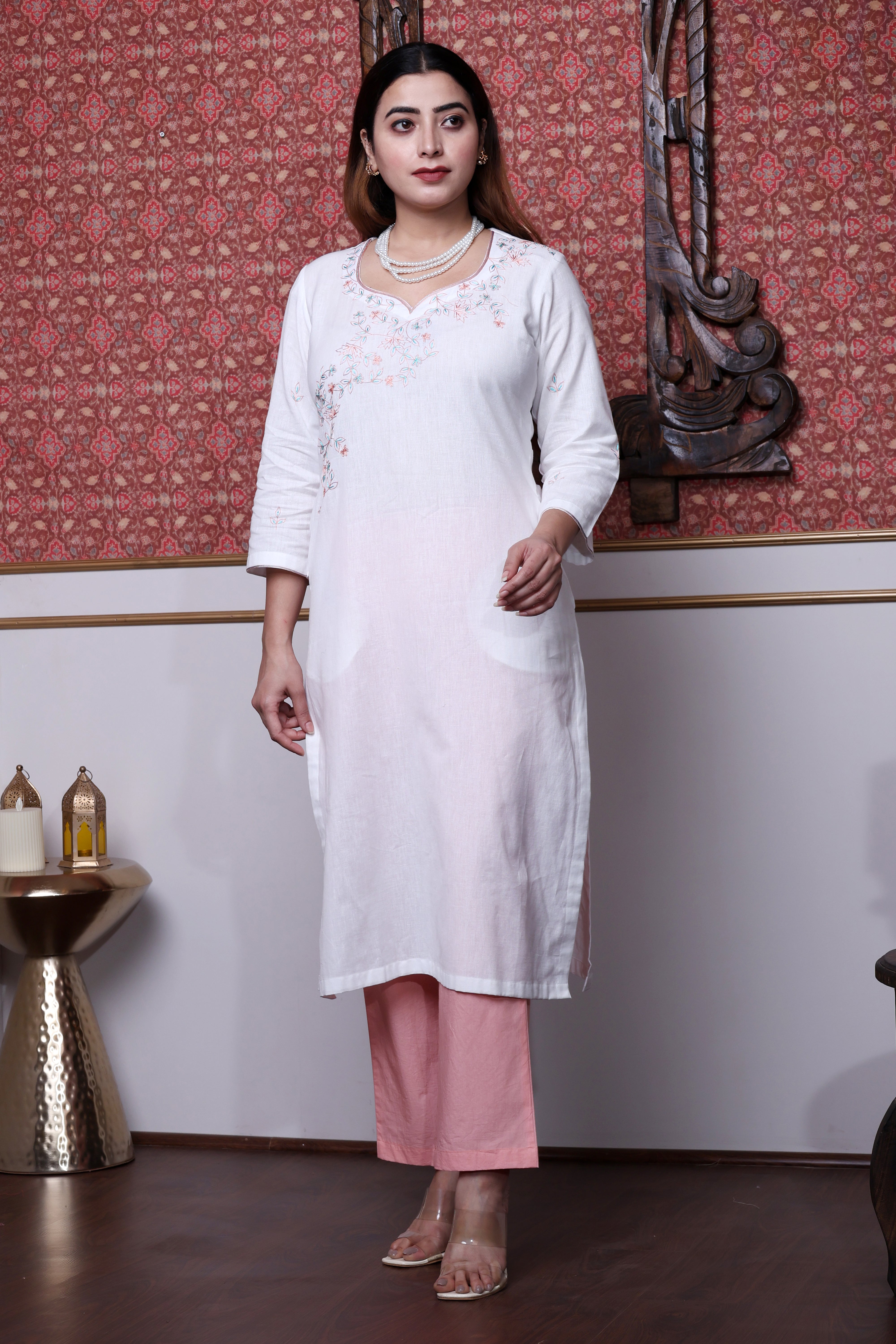 White Cotton Flex Kurta Set with Peach Poplin Pants and Hand Embroidery
