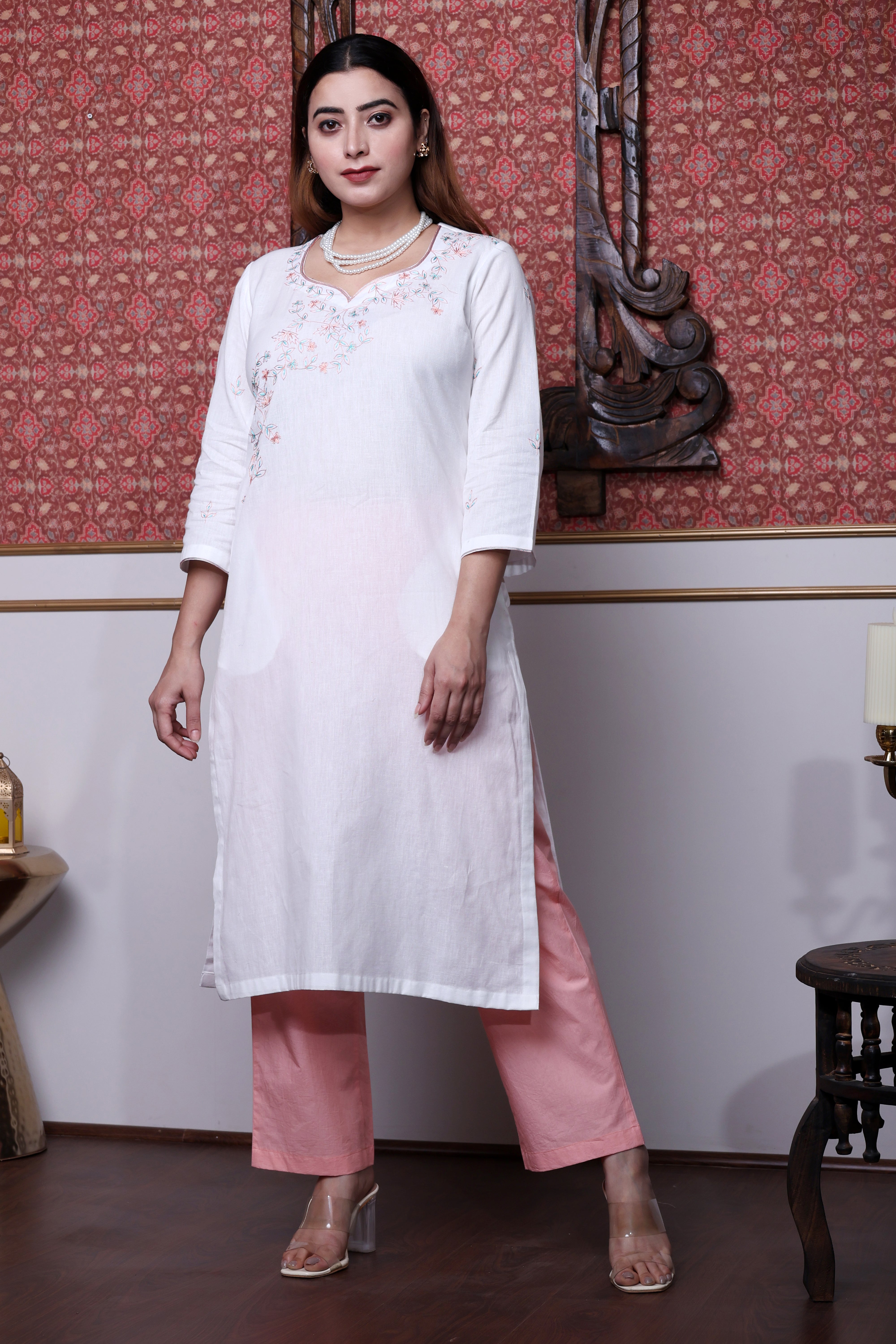 White Cotton Flex Kurta Set with Peach Poplin Pants and Hand Embroidery