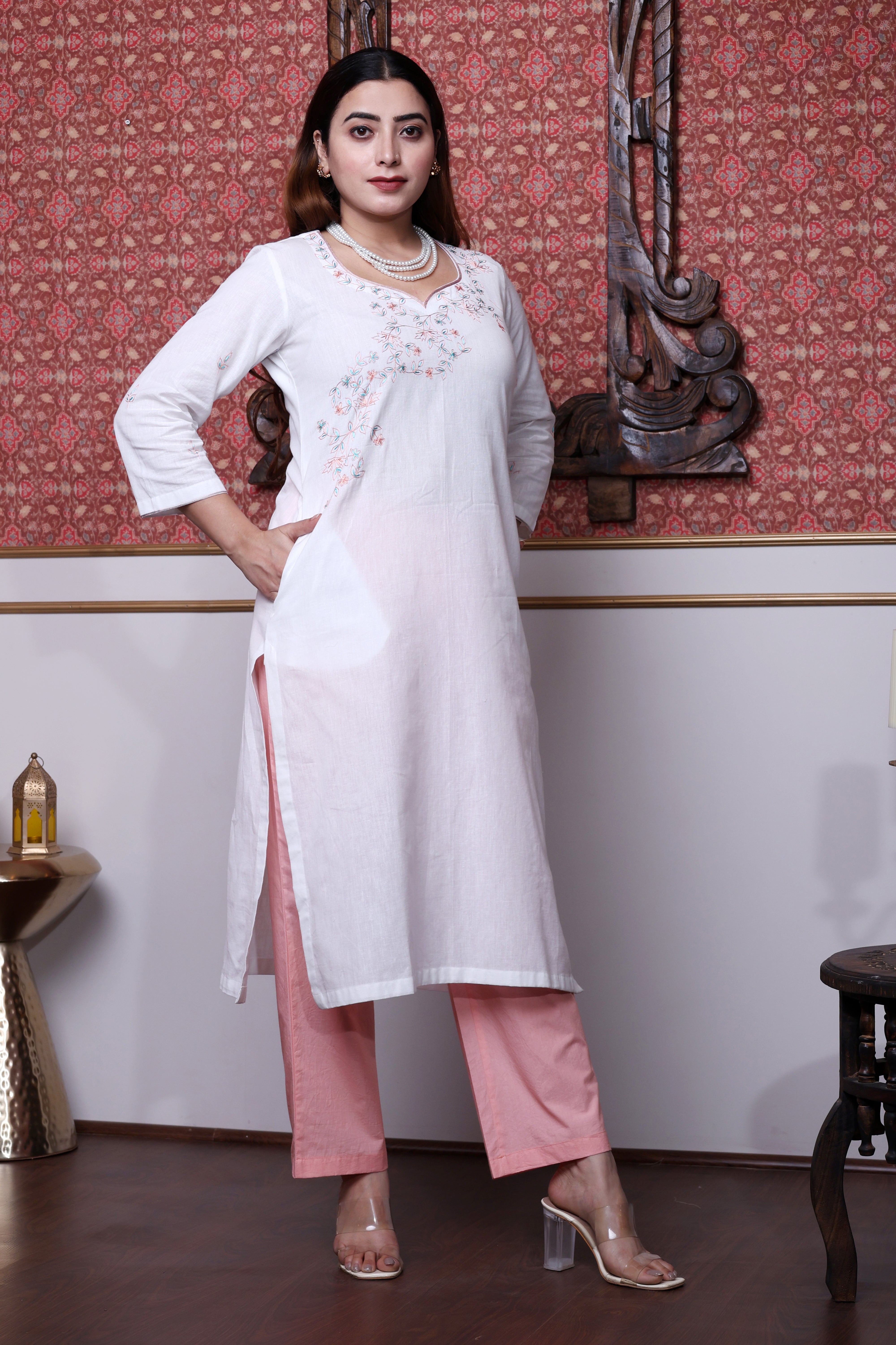 White Cotton Flex Kurta Set with Peach Poplin Pants and Hand Embroidery