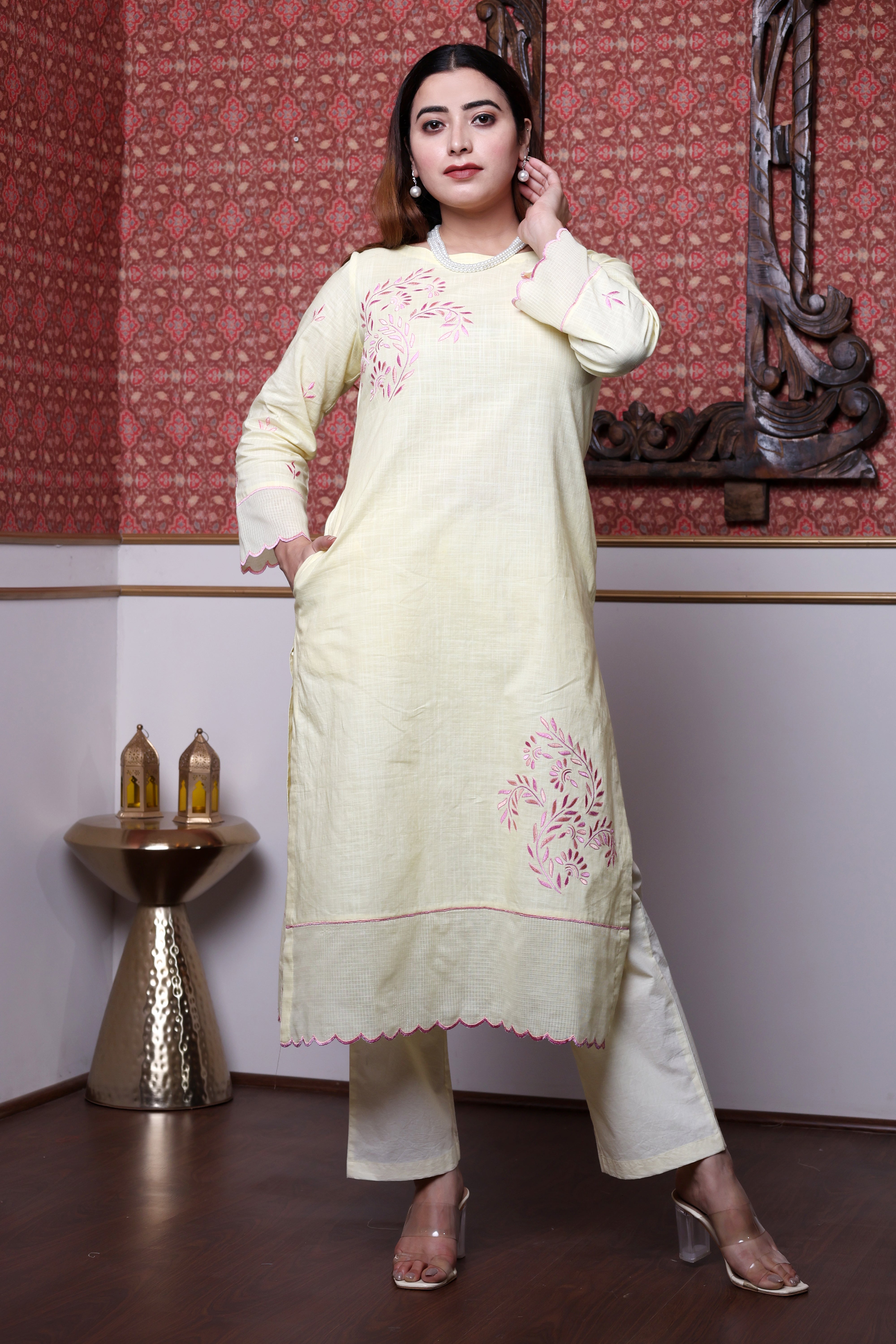 Butter Yellow Cotton Slub Kurta Set with Floral Embroidery and Pink Piping