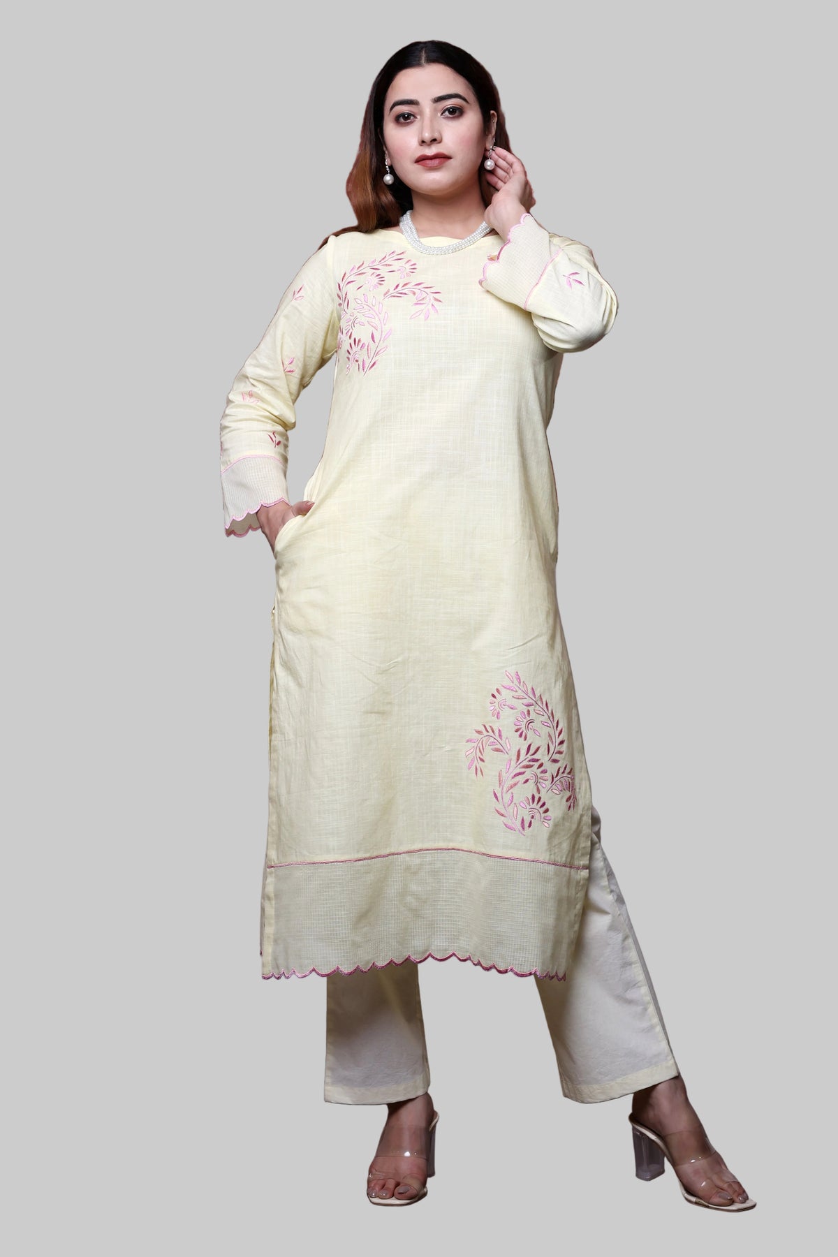 Butter Yellow Cotton Slub Kurta Set with Floral Embroidery and Pink Piping