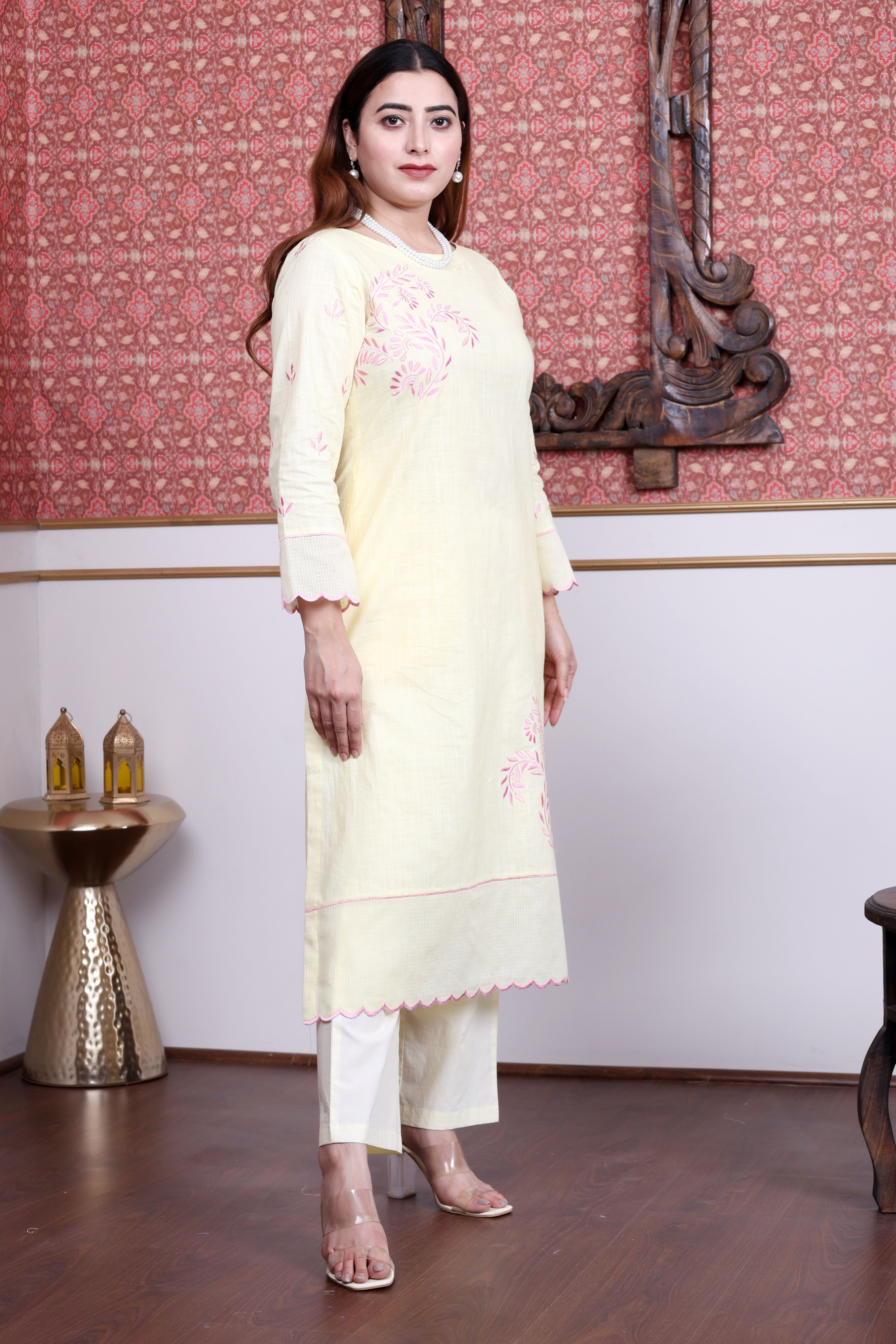 Butter Yellow Cotton Slub Kurta Set with Floral Embroidery and Pink Piping